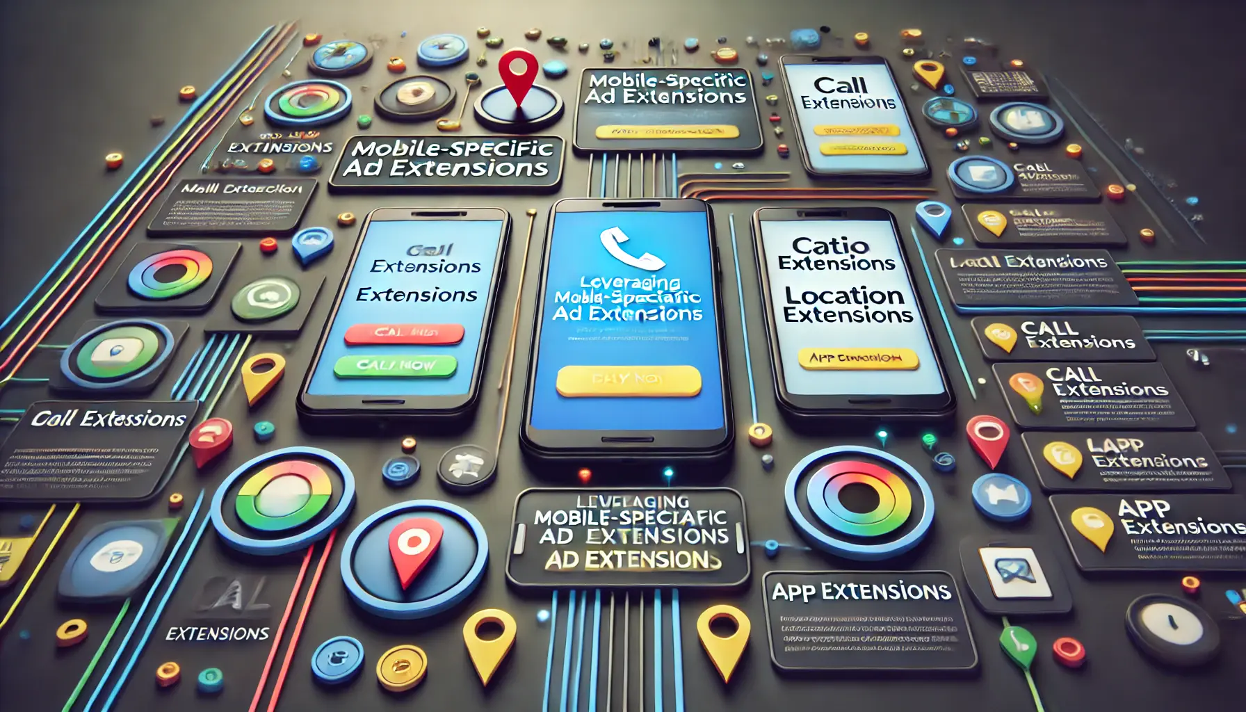 Smartphones displaying ads with mobile-specific ad extensions such as call, location, and app download buttons