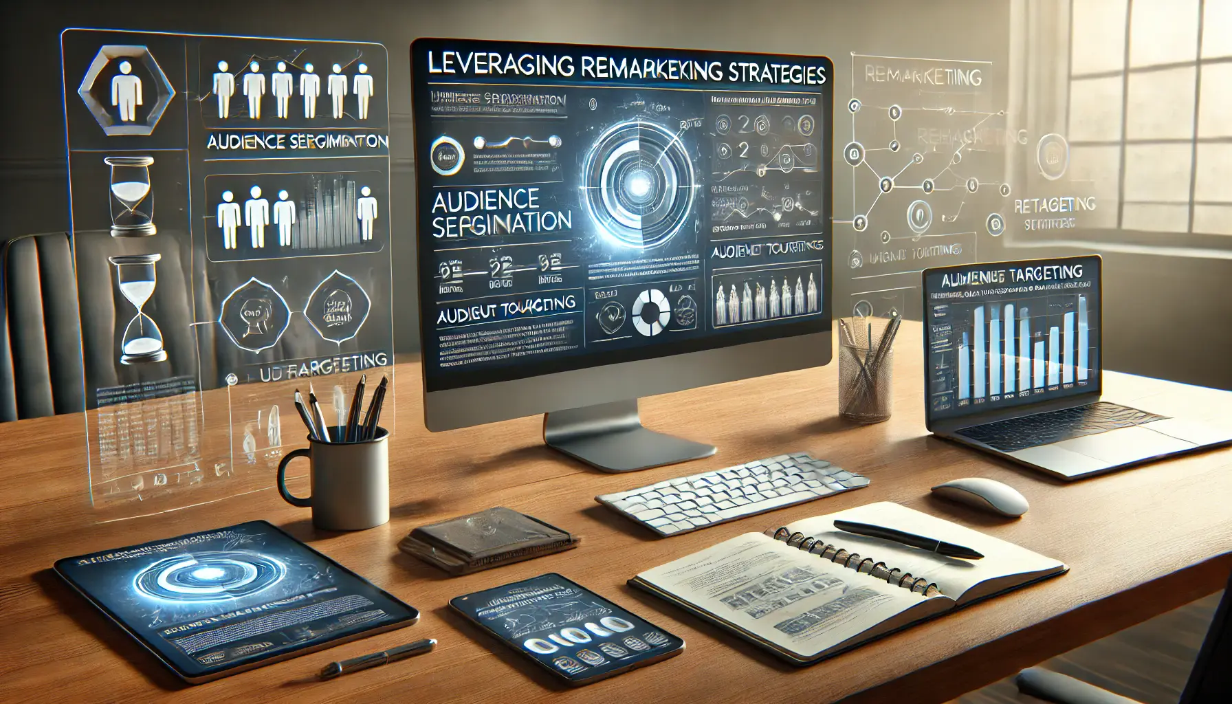 Digital marketing workspace showing computer screen with audience segmentation and remarketing data, alongside a tablet with retargeting options.