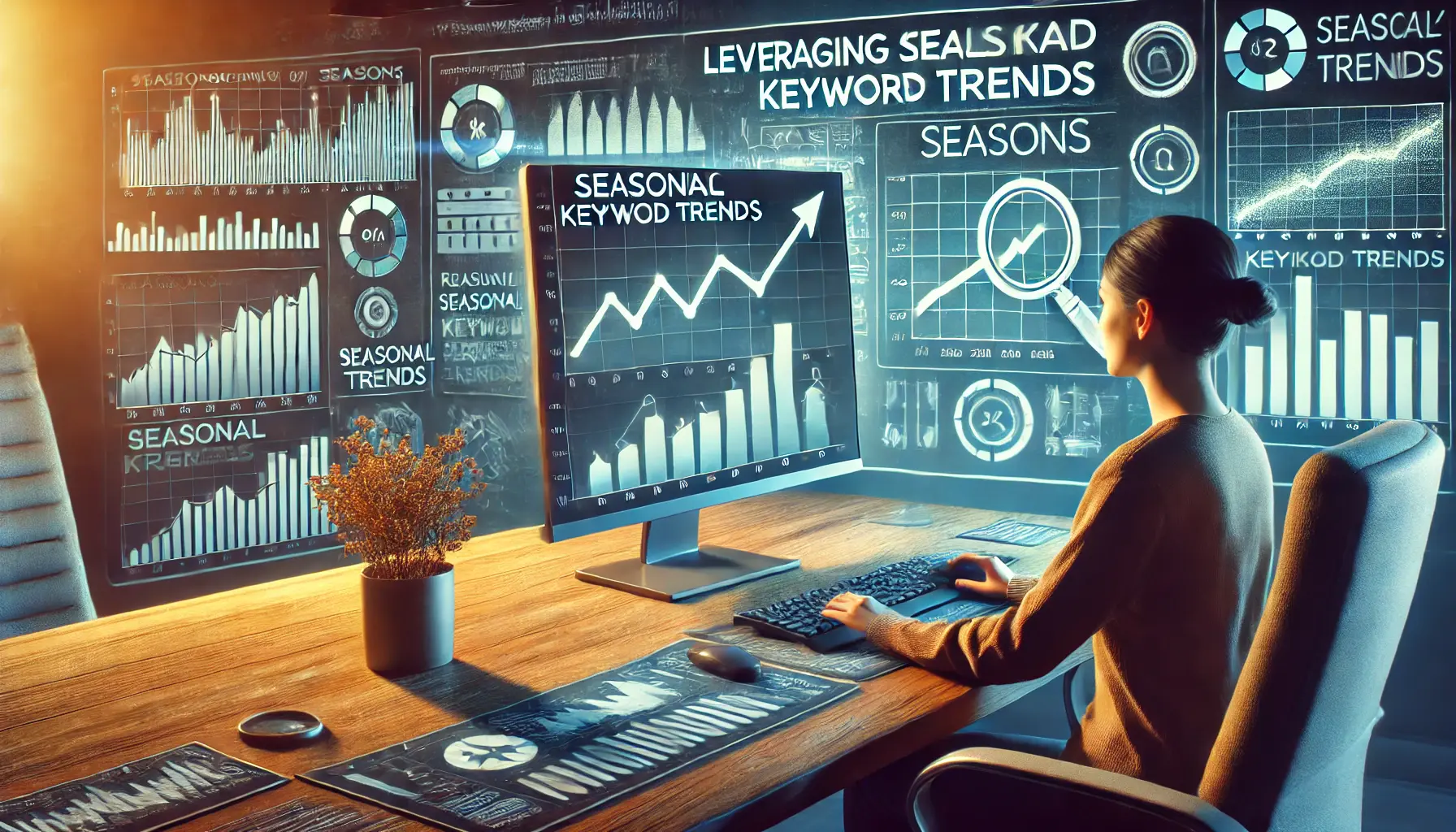 A visual representation of leveraging seasonal keyword trends, showing a person analyzing data on a computer.