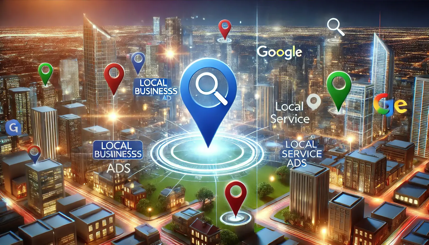 A digital landscape with local businesses connected through Google Ads, featuring location pins and search bar icons in a futuristic cityscape.