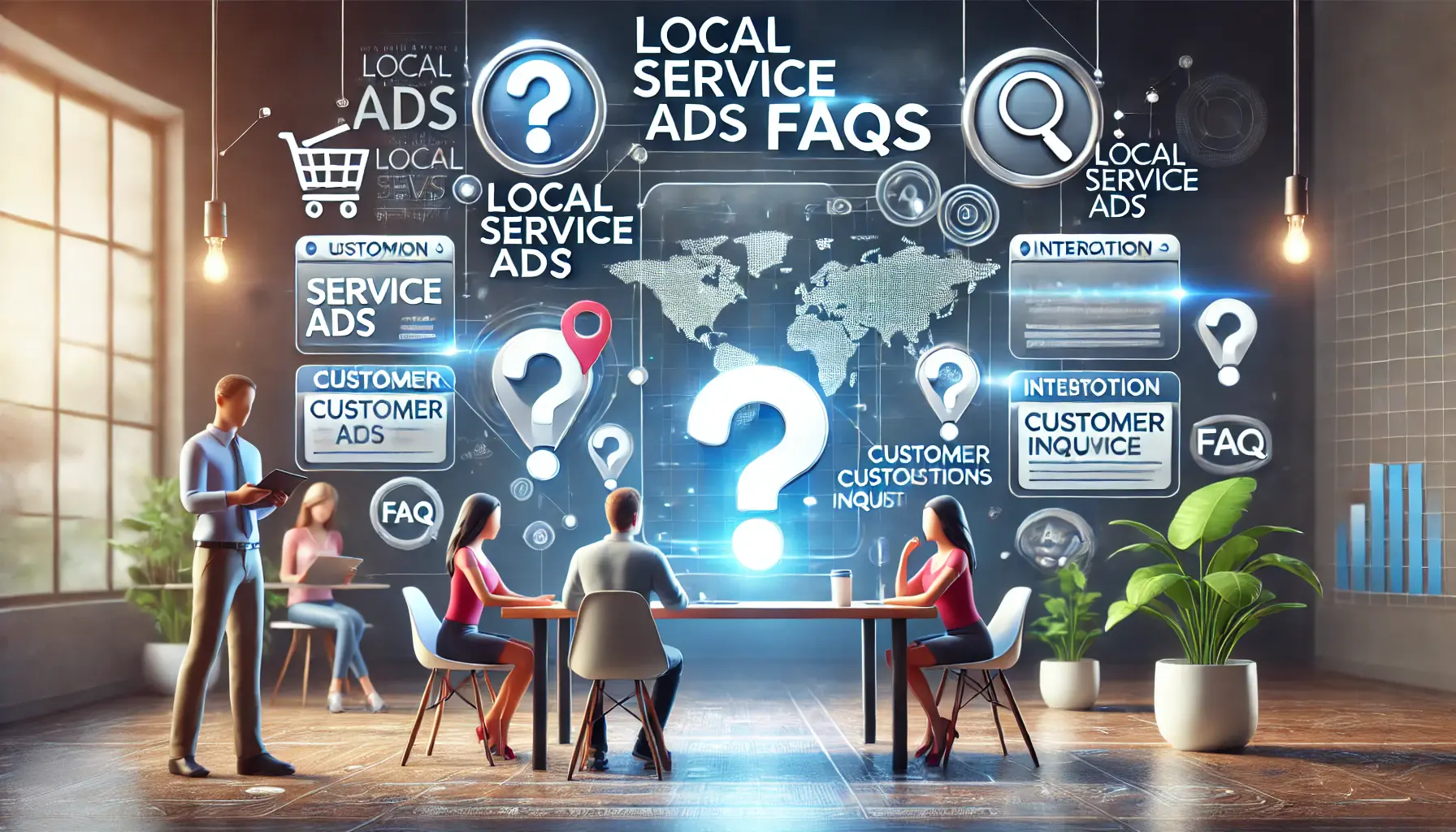 An image featuring a digital interface with question mark icons, customer inquiries, and interaction tools, symbolizing the process of answering frequently asked questions about Local Service Ads.