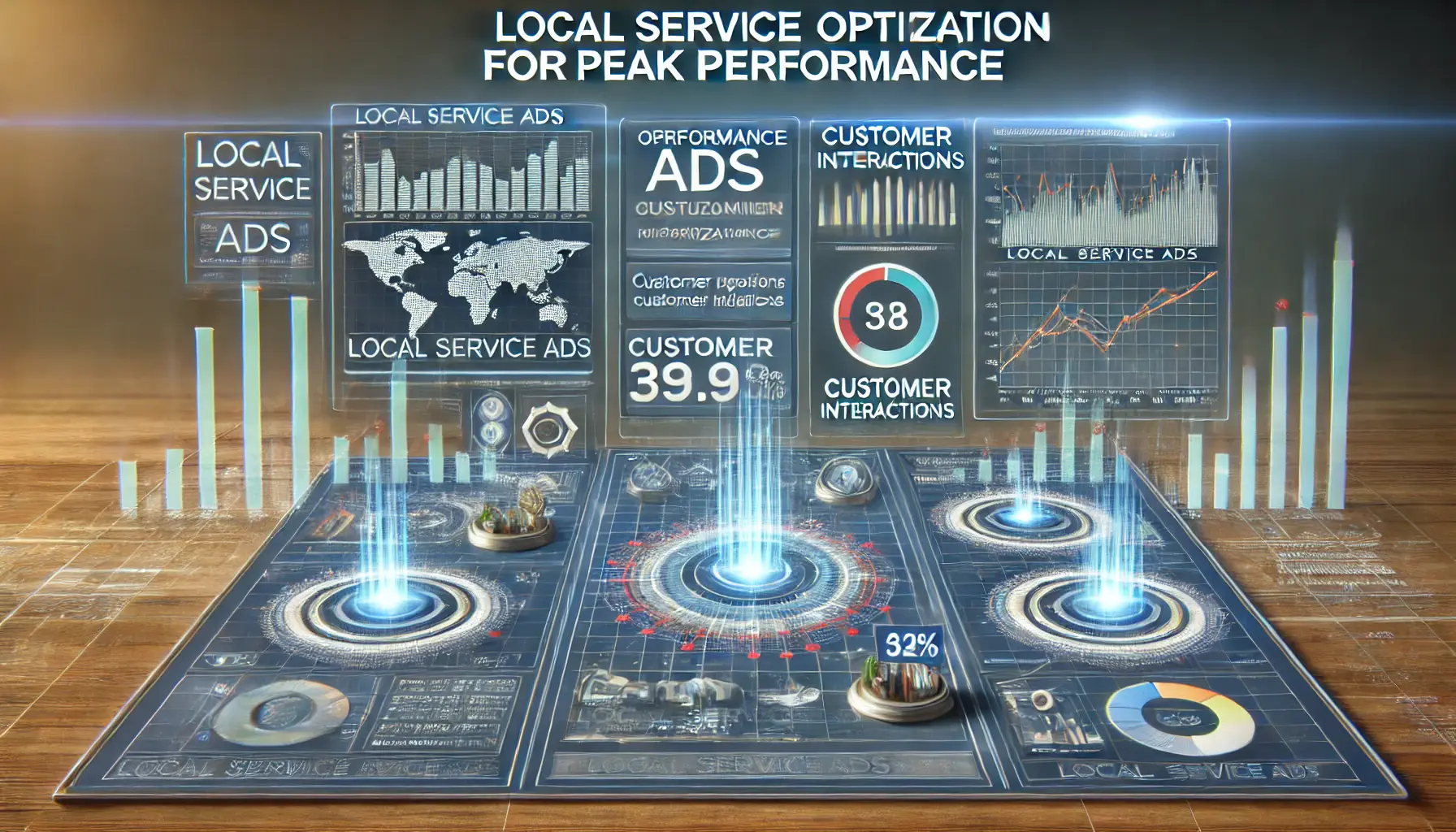 A digital dashboard showing optimization tools like performance graphs, customer interactions, and ad metrics being fine-tuned, symbolizing peak performance optimization for Local Service Ads.