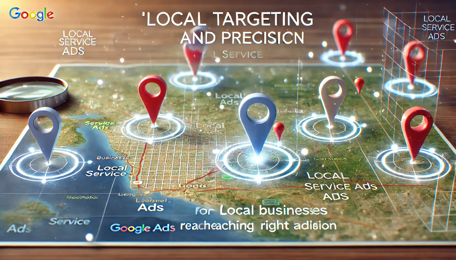 A digital map interface with location pins and highlighted areas representing precise local targeting for Google Ads, with elements like magnifying glasses and analytics to emphasize accuracy.