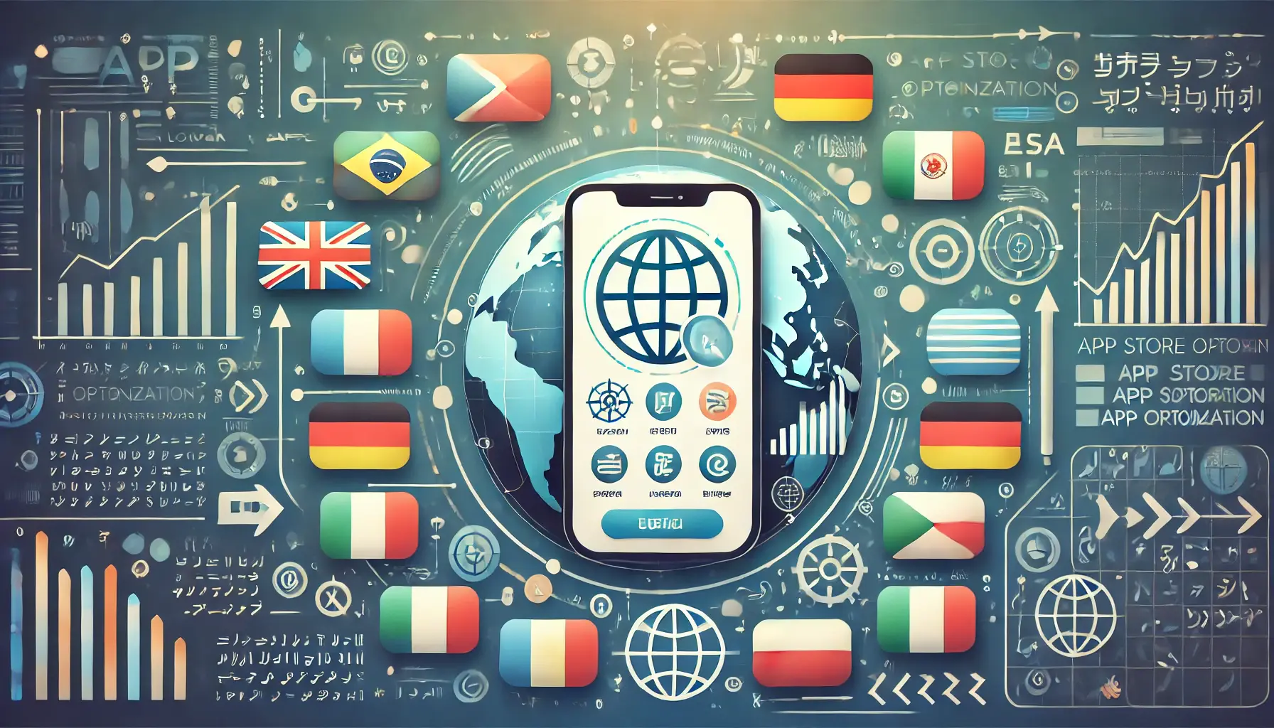 Illustration representing the concept of localization in app optimization, featuring a mobile device with country flags, language icons, and a globe symbolizing global reach.