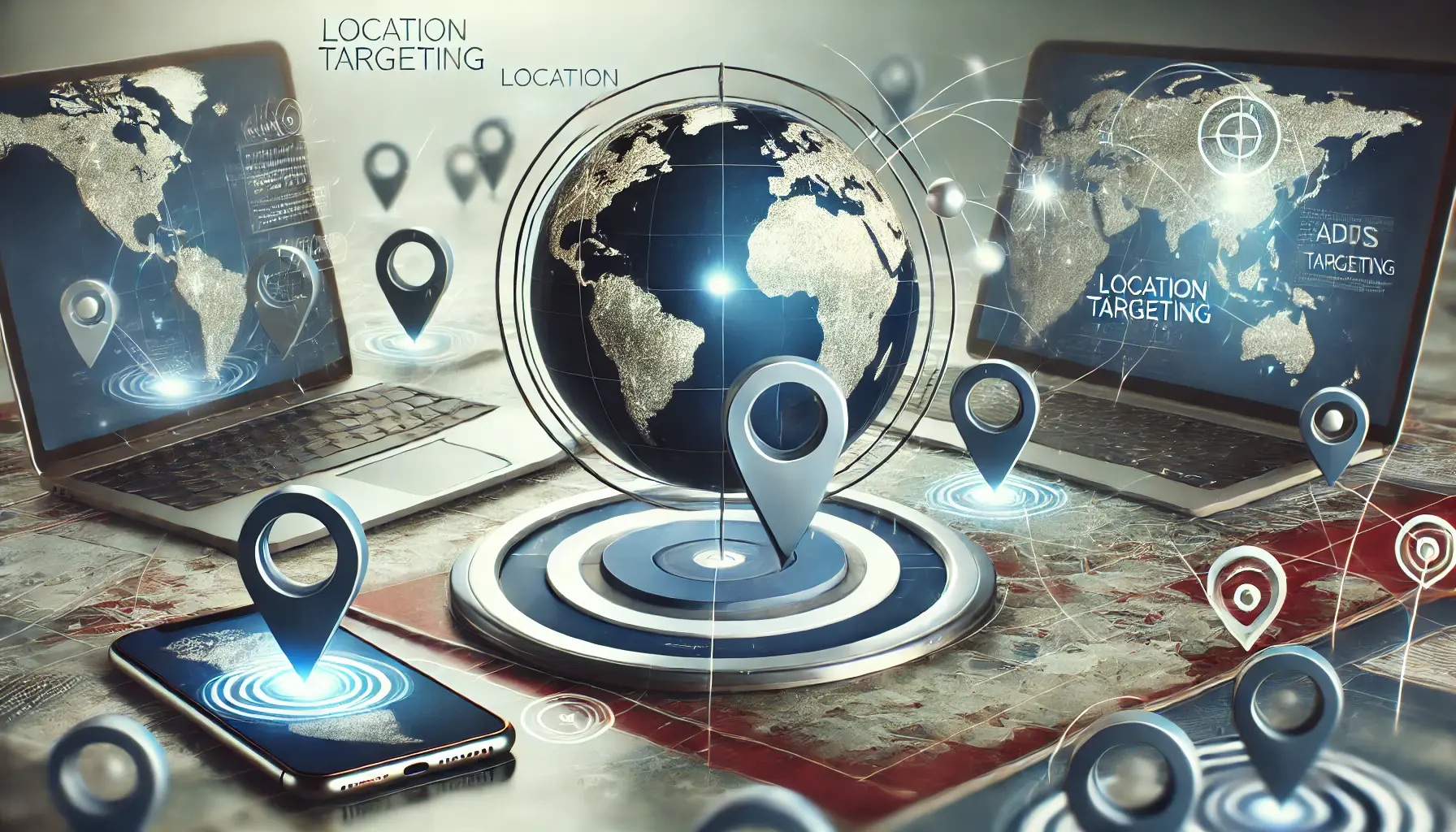 A digital marketing scene showing ads being targeted to specific geographic locations using maps, location pins, and devices like smartphones and laptops.