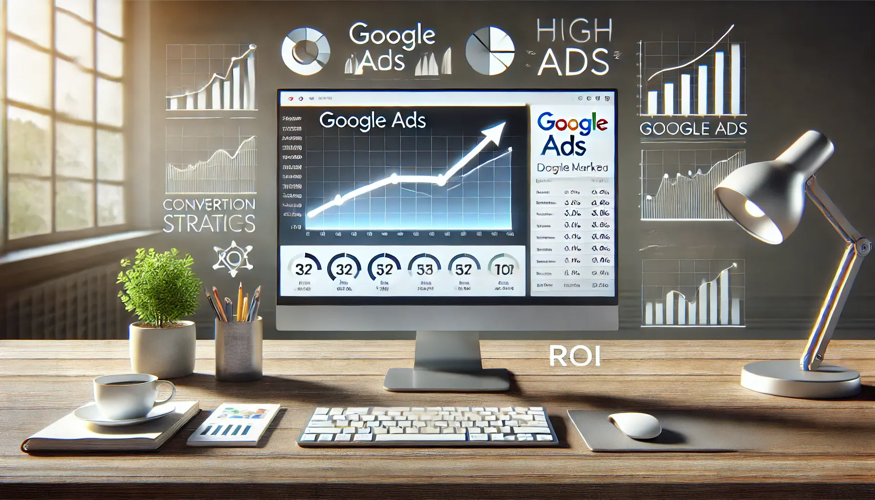 A digital marketing workspace showing a Google Ads dashboard with strong campaign performance, including upward-trending graphs, high conversion rates, and ROI metrics.