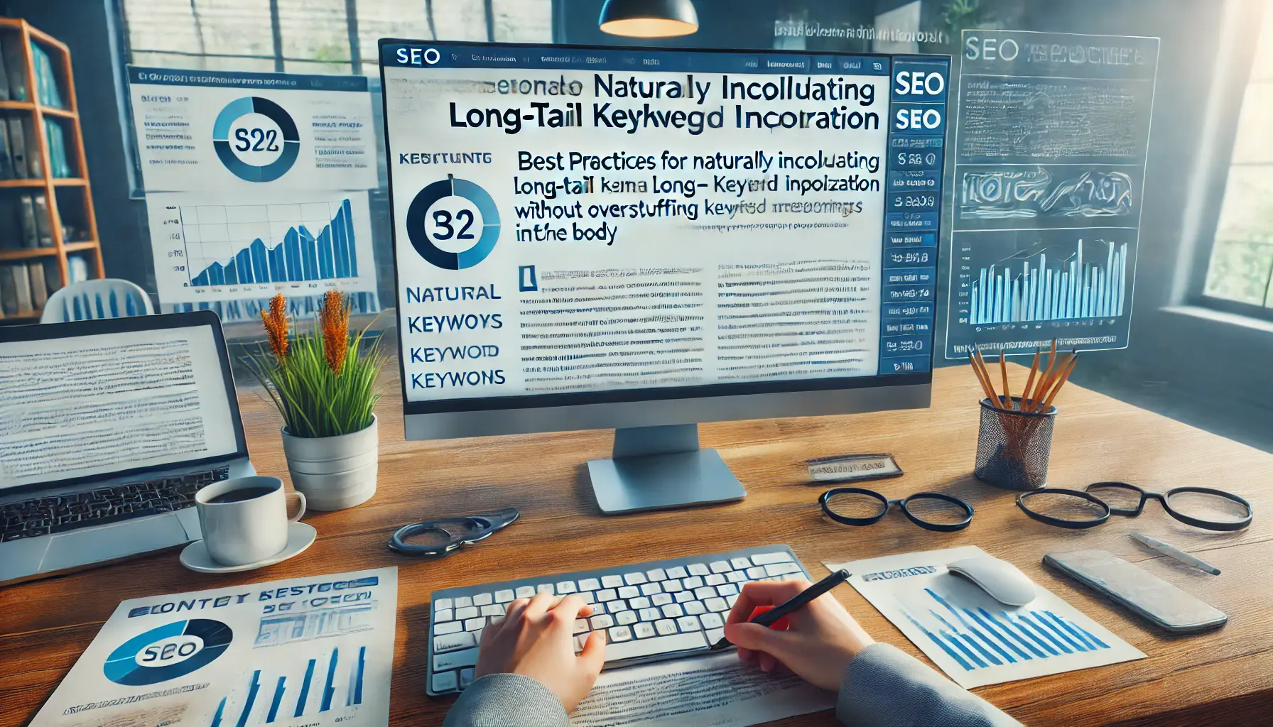 A professional SEO workspace showing a content editor with naturally integrated long-tail keywords in an article