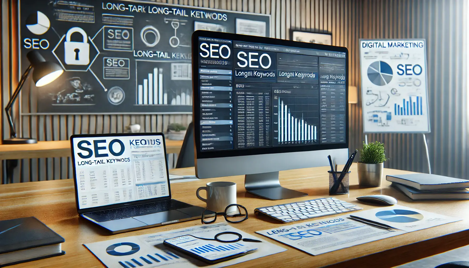 A digital marketing workspace featuring SEO tools, highlighting long-tail keyword analysis