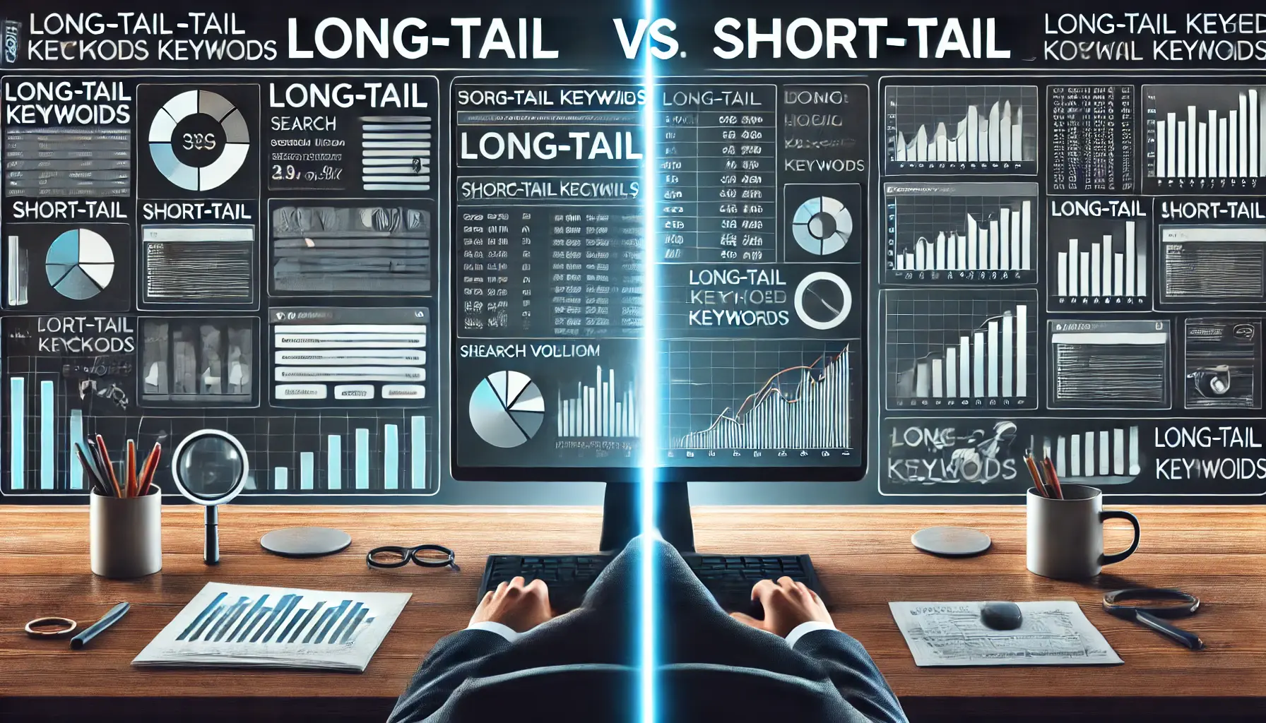 A visual representation of long-tail versus short-tail keywords, showing a split-screen design.