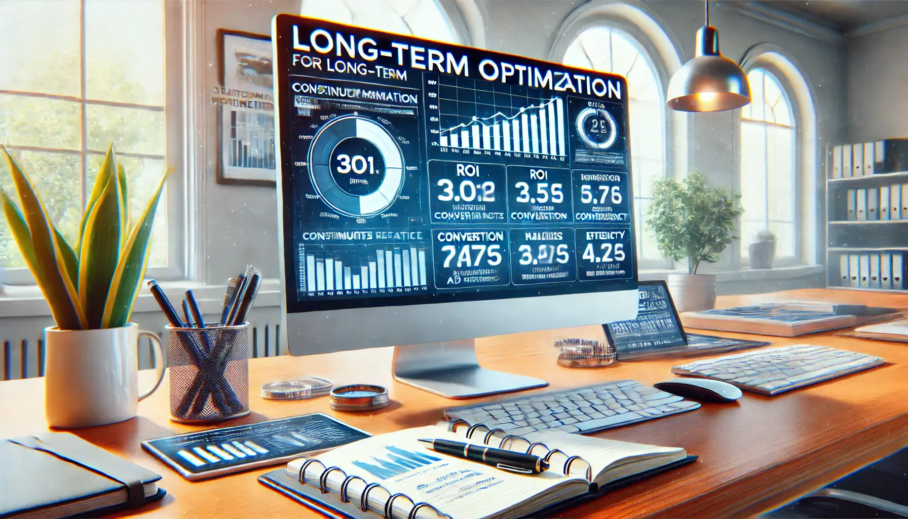 A digital marketing workspace showing a computer with a performance dashboard displaying ongoing improvements in metrics like ROI and conversion rates, symbolizing the long-term benefits of continuous optimization.