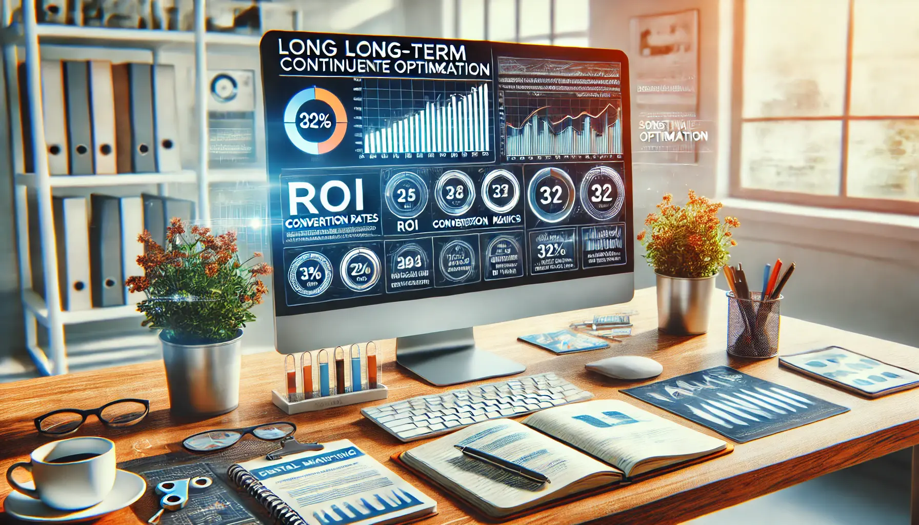 A digital marketing workspace showing a computer with a performance dashboard displaying ongoing improvements in key metrics like ROI and conversion rates, symbolizing the benefits of continuous optimization.