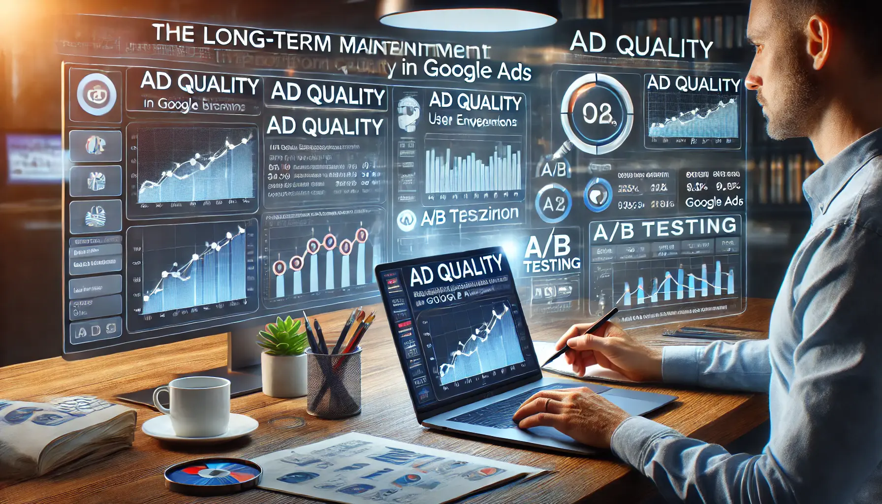 A digital marketing workspace where a professional is analyzing long-term performance data, showing trends in ad quality and user engagement over time, with additional screens displaying A/B testing results.