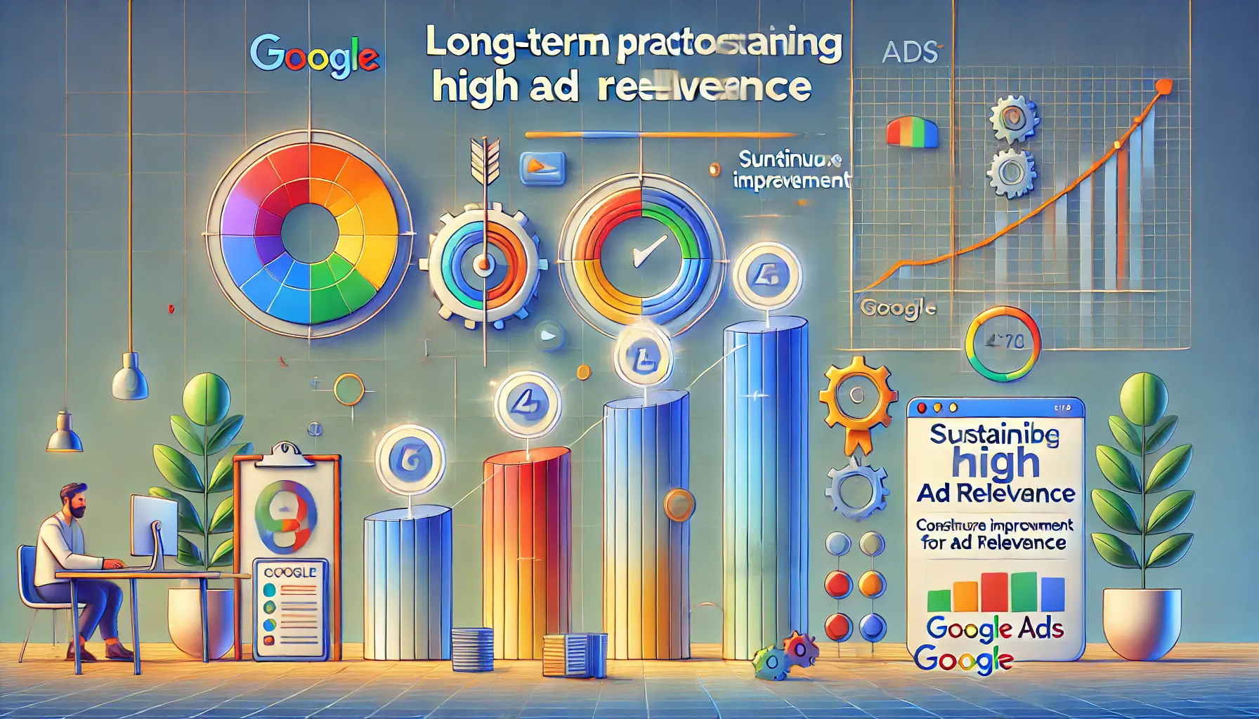 Image illustrating sustainable practices for high ad relevance with progress chart, cycle symbols, and performance indicators.