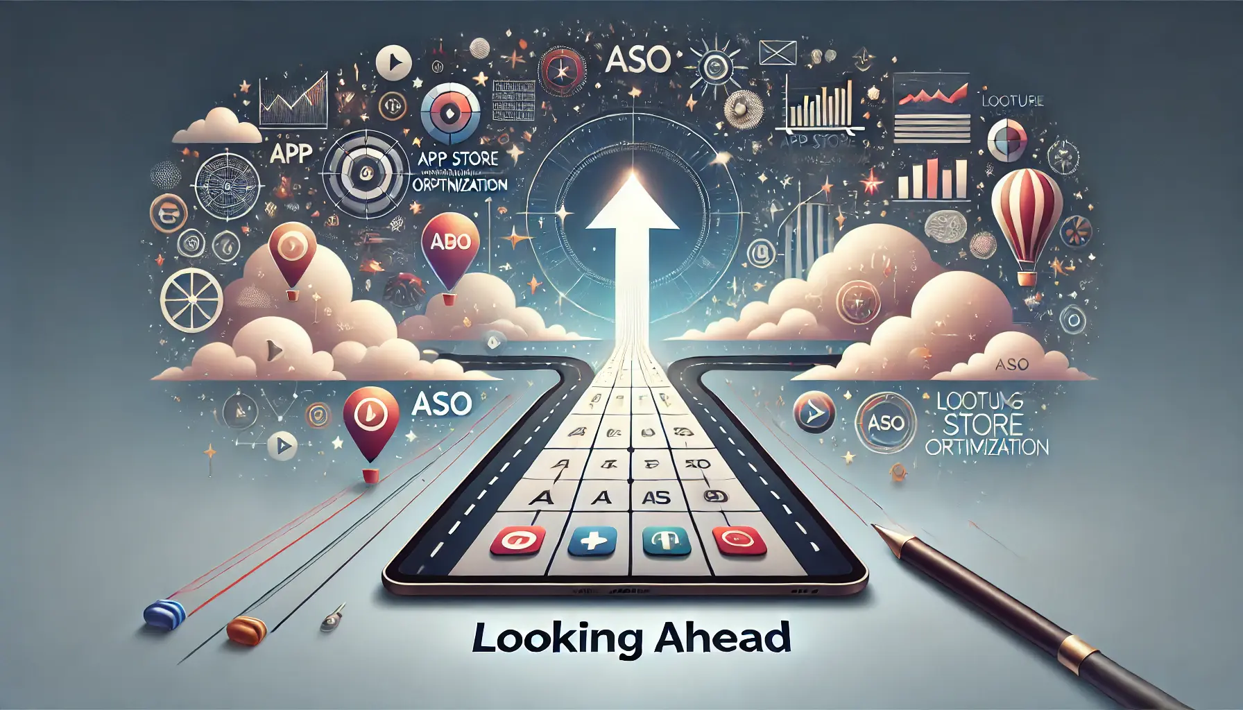 Image representing future planning and strategies in ASO, featuring a forward-facing arrow, icons of growth and progress, and a mobile app interface suggesting continued development.