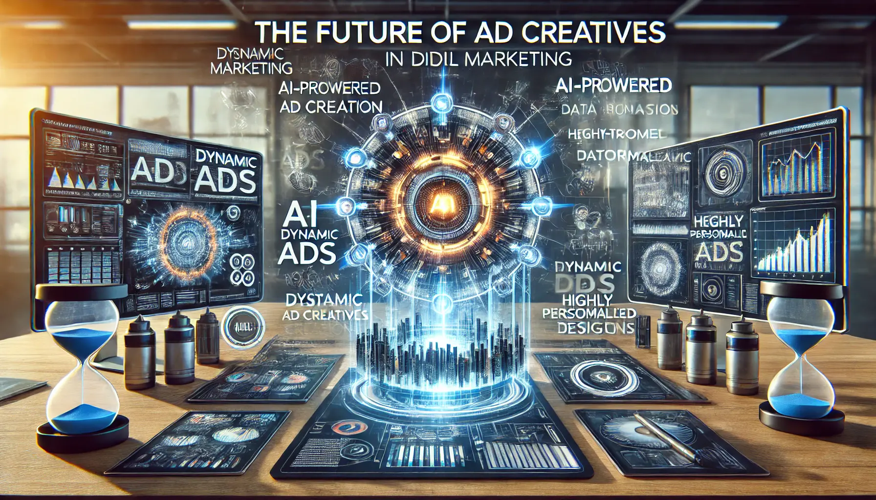 A futuristic marketing workspace with AI-powered tools generating dynamic ads, displaying performance metrics, and adjusting creative designs in real-time, symbolizing the future of ad creatives.