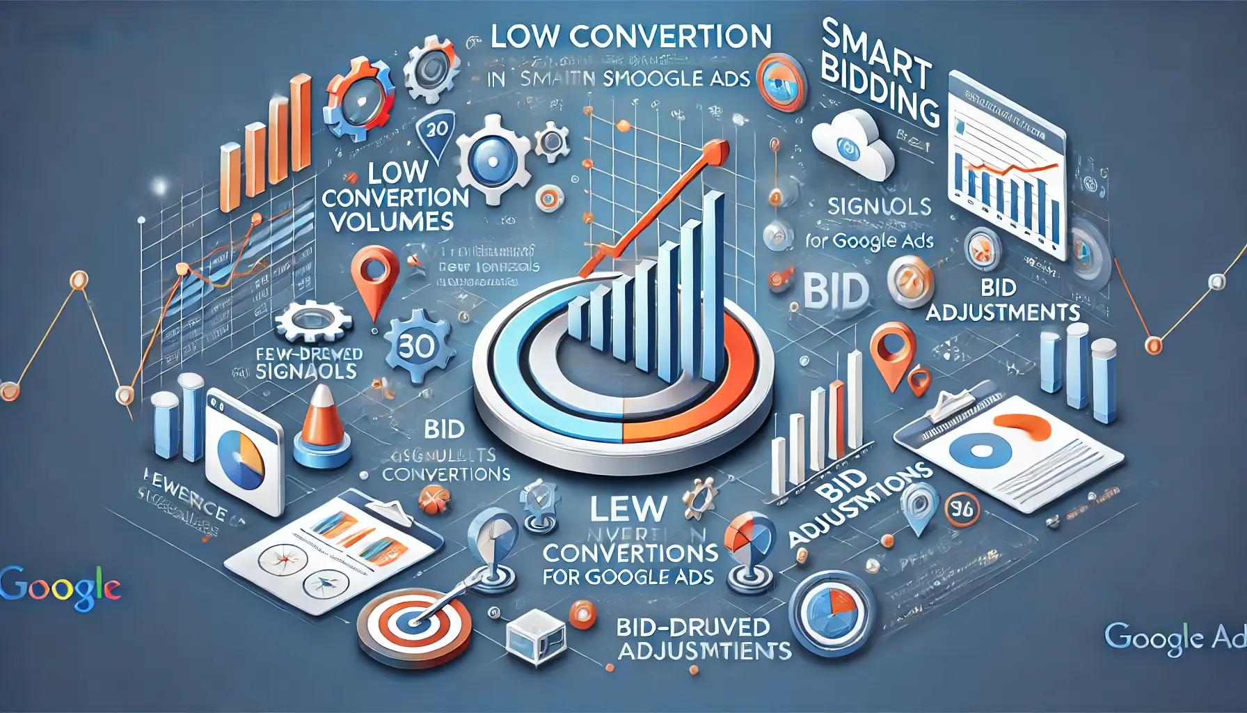 Illustration of low conversion volumes in Smart Bidding, showing a low conversion graph, fewer sales icons, and bid adjustments to boost performance.