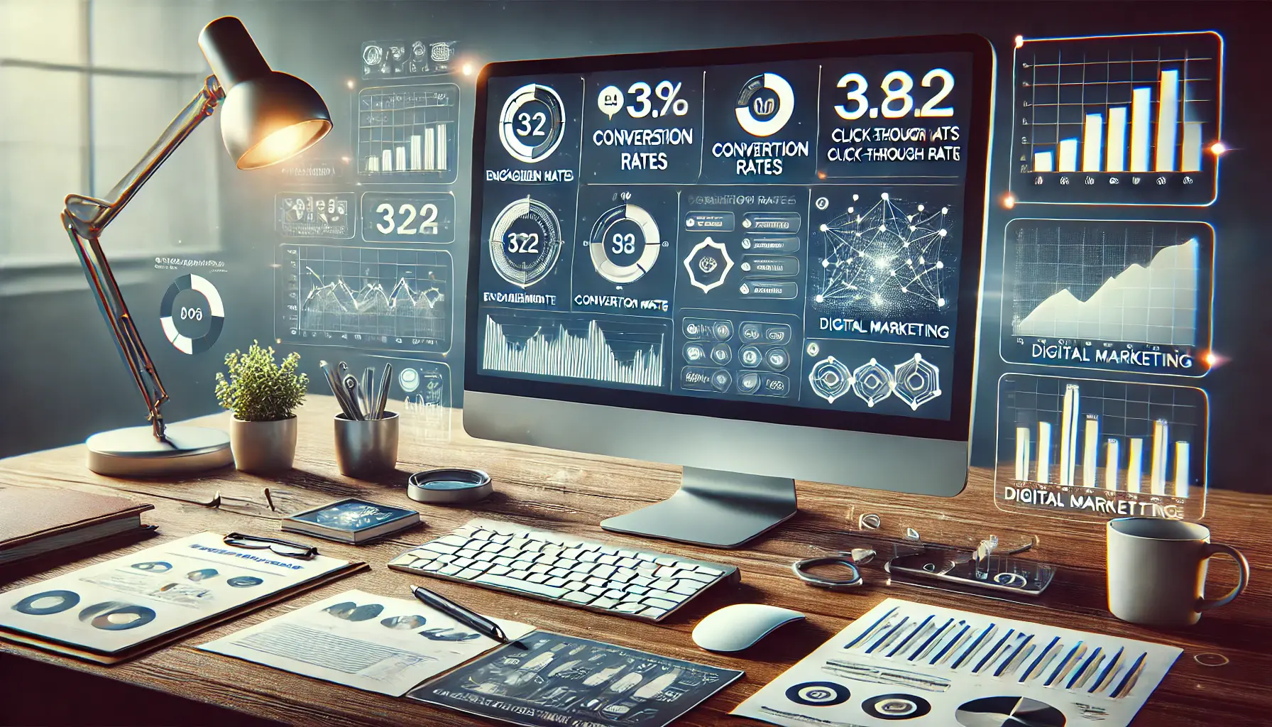 Workspace with computer displaying analytics dashboard with metrics like engagement rates, conversion rates, and click-through rates.