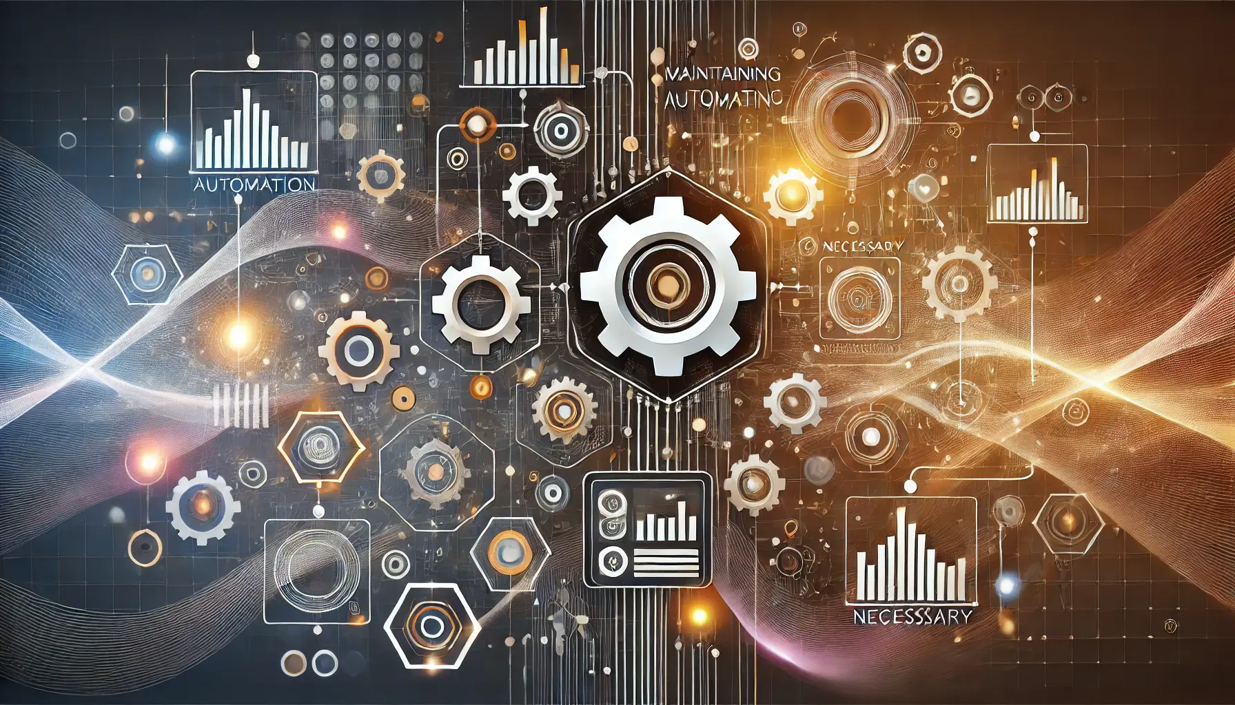 Abstract representation of maintaining automation with gears, interconnected nodes, and monitoring elements symbolizing control and seamless operations