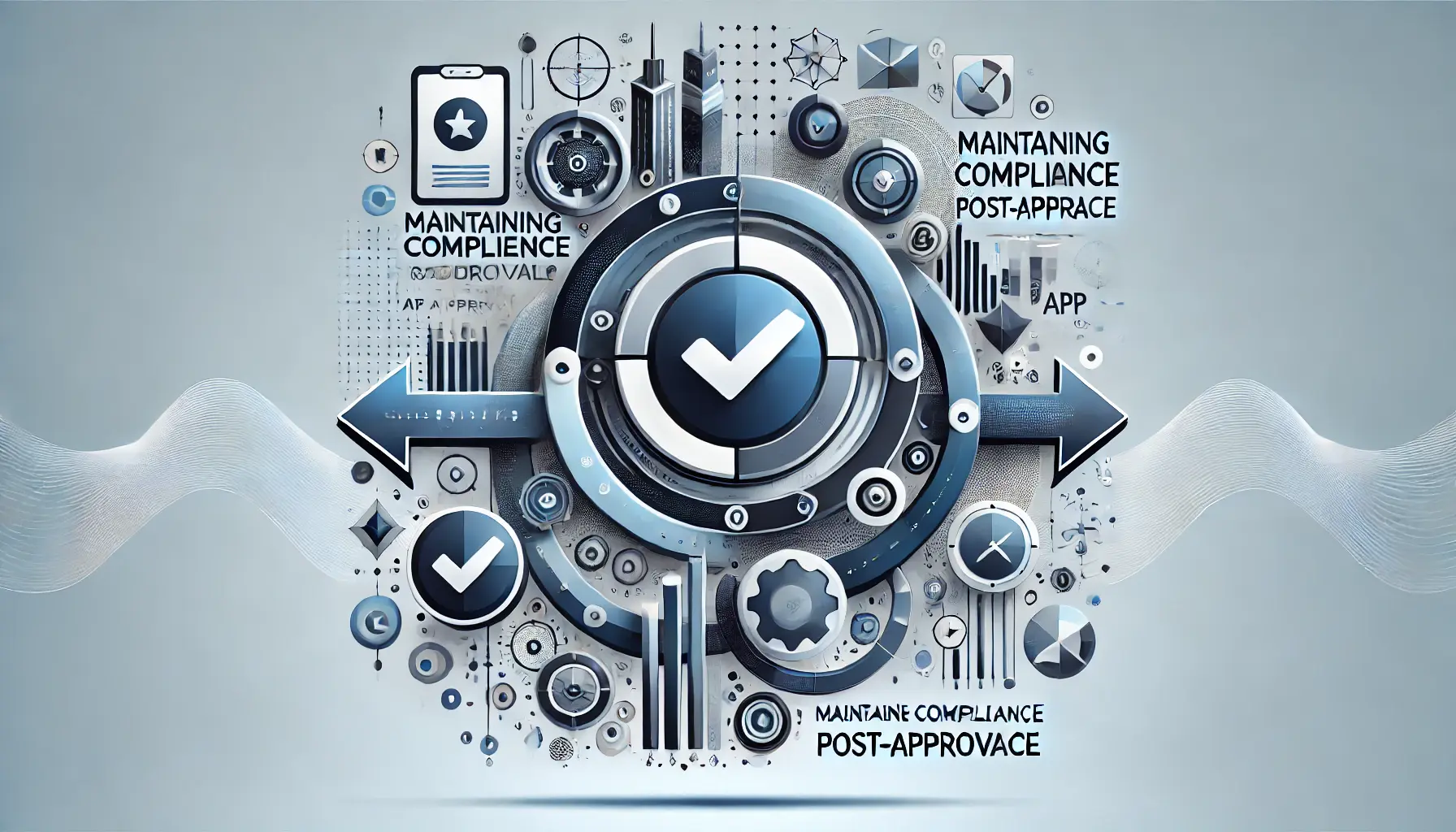 Abstract representation of maintaining compliance post-approval, featuring symbols of continuous oversight, updates, and adherence to guidelines.