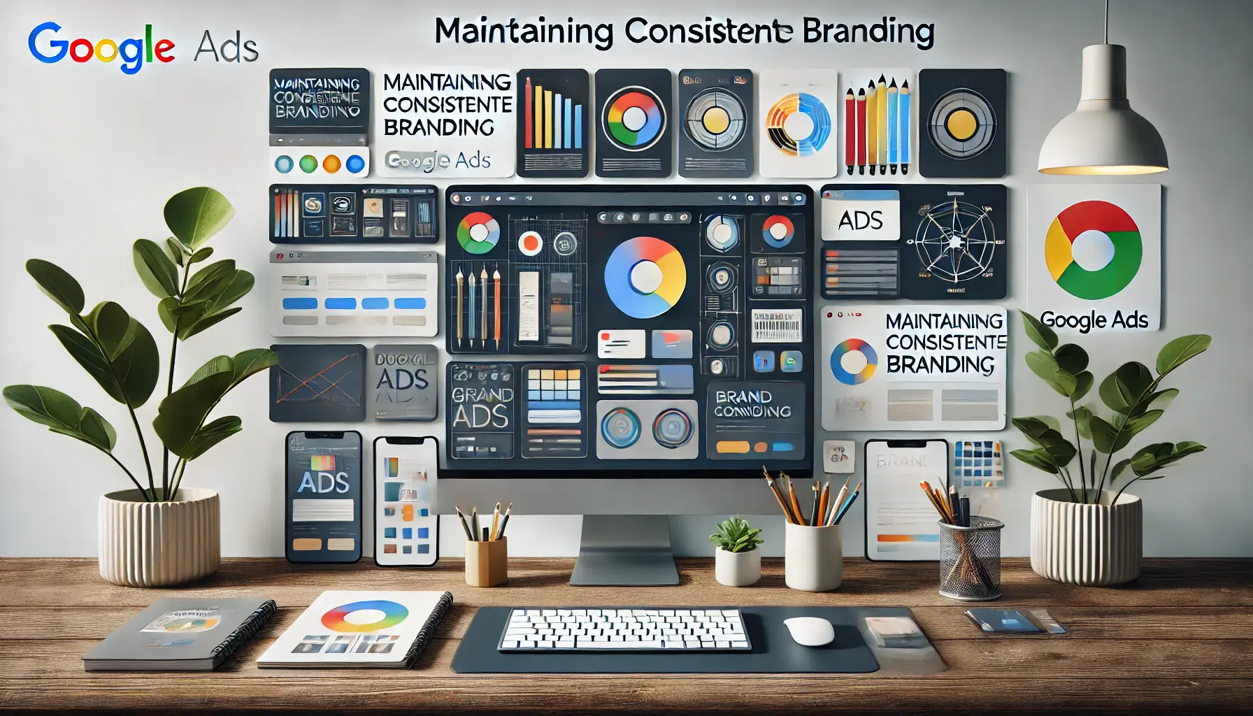 A digital workspace showcasing branding elements like logos, color palettes, and design templates, symbolizing brand consistency in Google Ads.