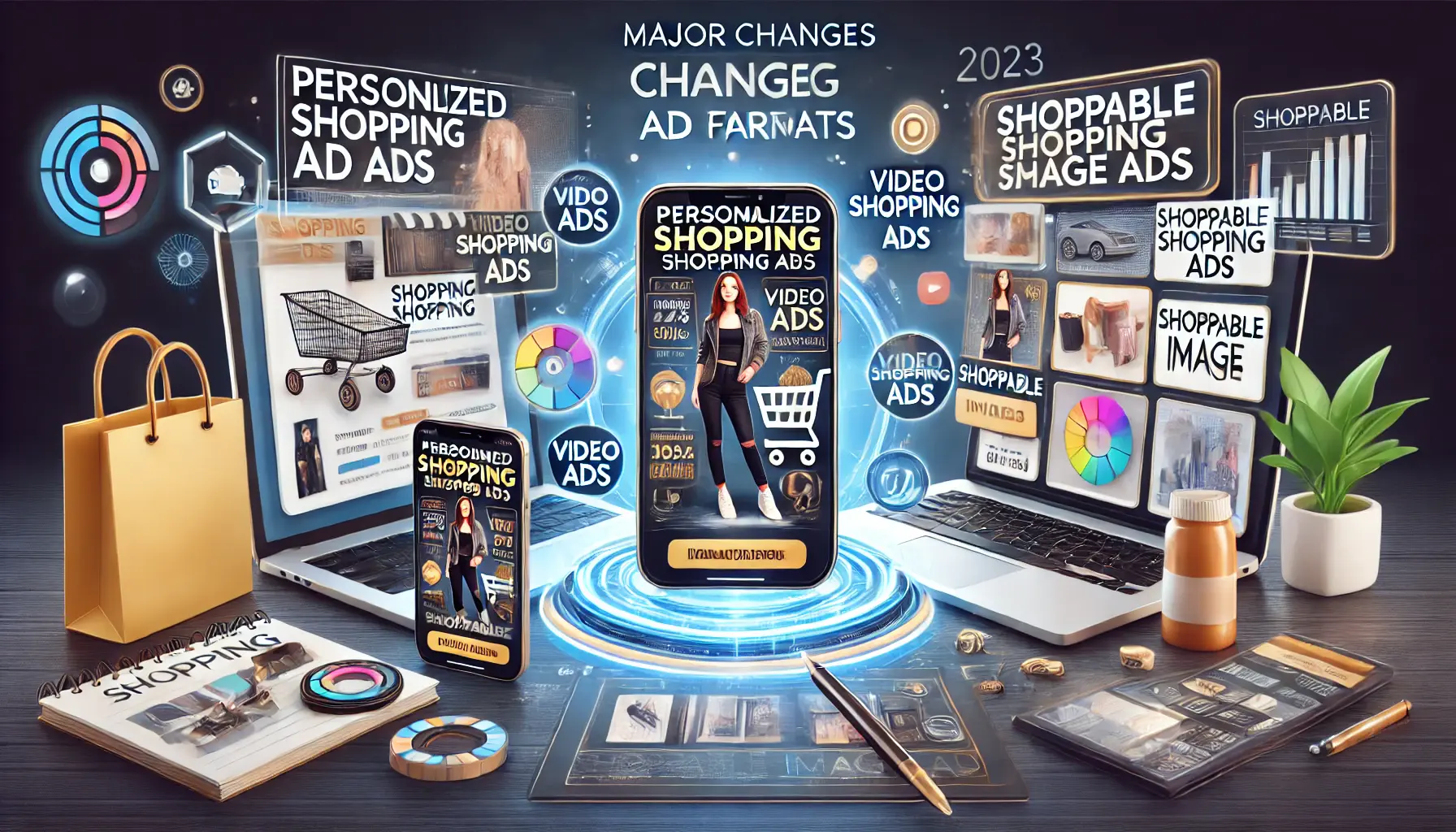 A depiction of major changes in Shopping Ad formats in 2023, showing personalized ads, video ads, and shoppable image ads on a smartphone and laptop.