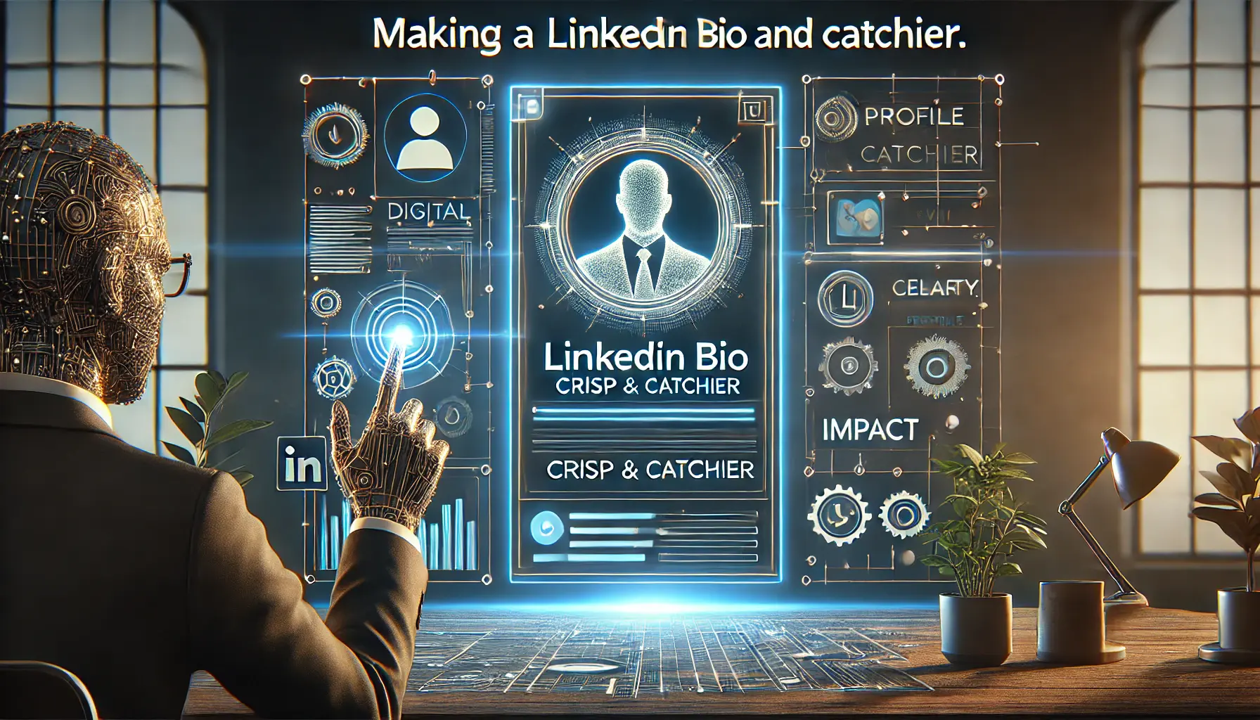 A digital profile being refined or optimized in a sleek interface, symbolizing the process of enhancing a LinkedIn bio for clarity and impact.