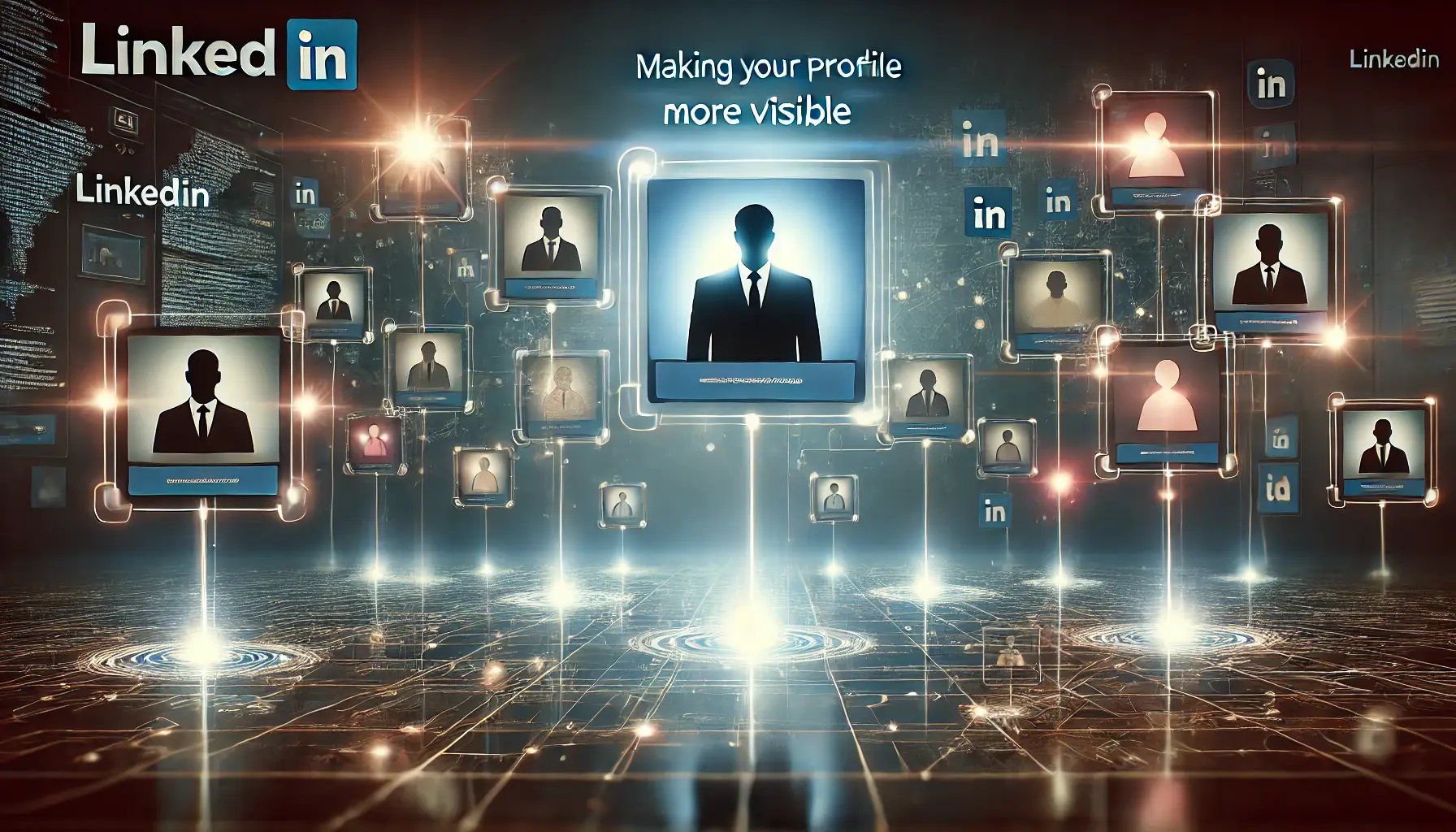 A professional in a digital workspace, with highlighted profiles on a large screen, symbolizing increased visibility on LinkedIn.