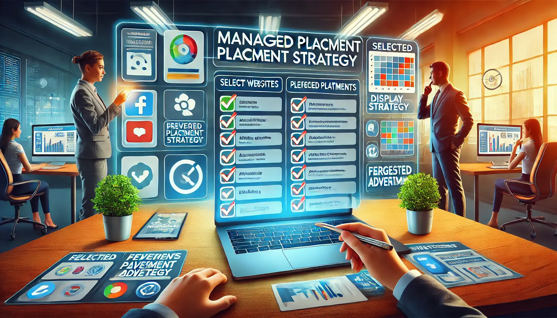 Marketer analyzing a digital dashboard showcasing selected websites for ad placements.