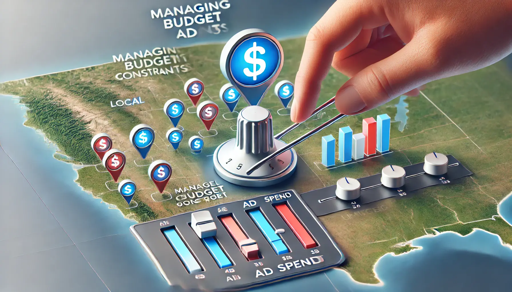 A digital map with local regions highlighted and budget-related icons such as dollar signs and bar graphs representing ad spend management