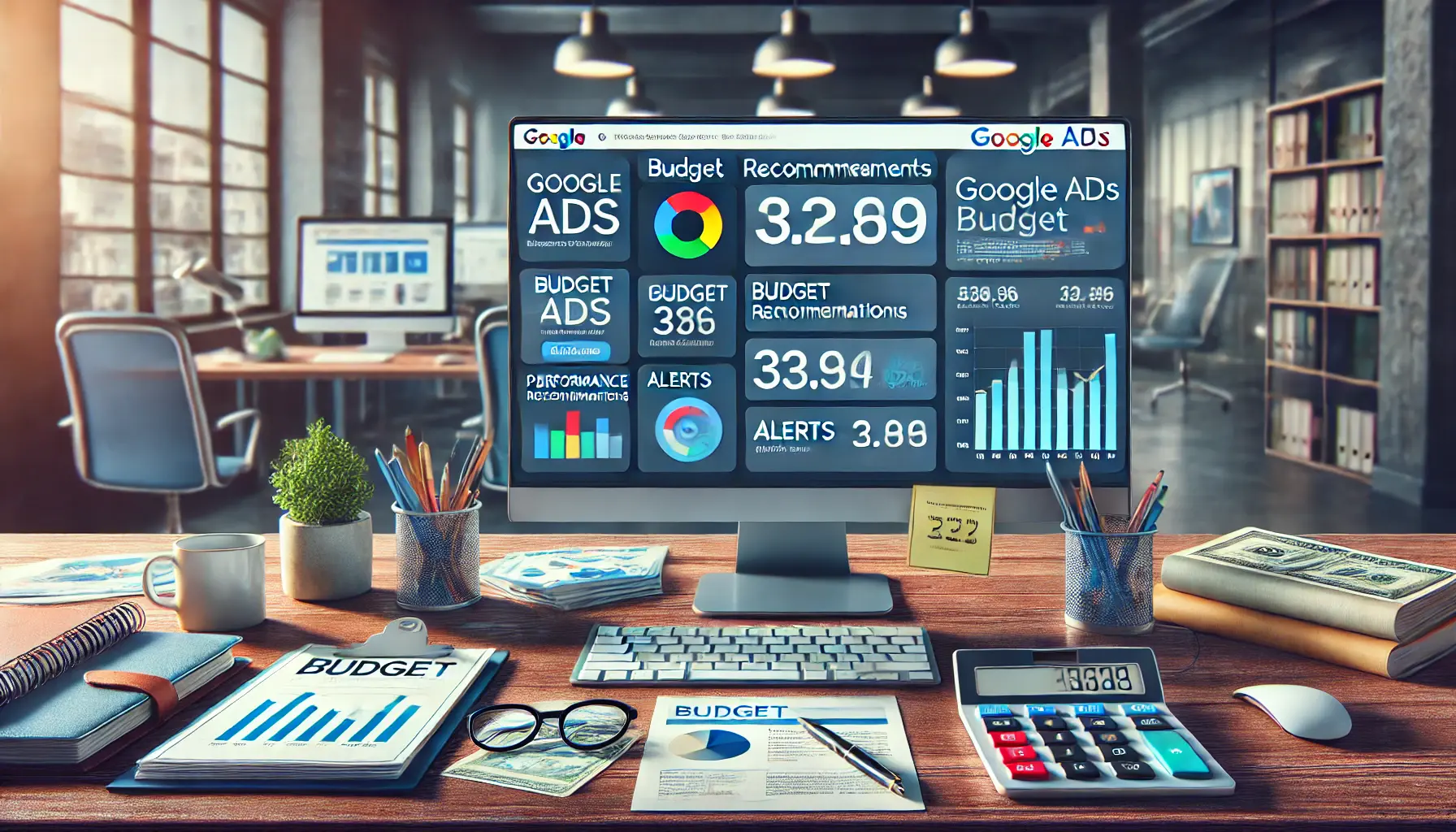 A modern office workspace displaying Google Ads dashboard tools and budget management tools.