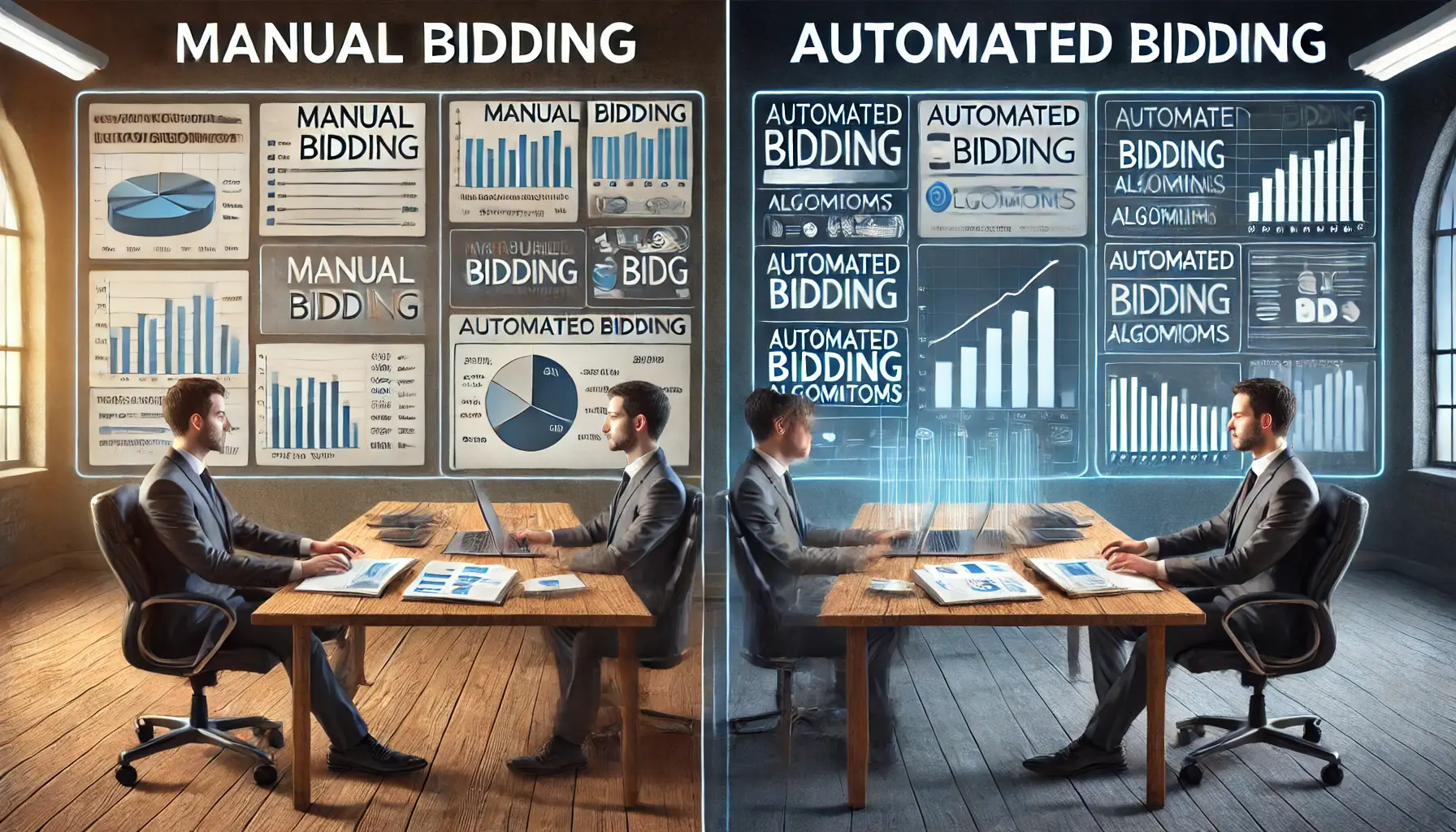 Comparison of manual bidding and automated bidding in digital advertising.