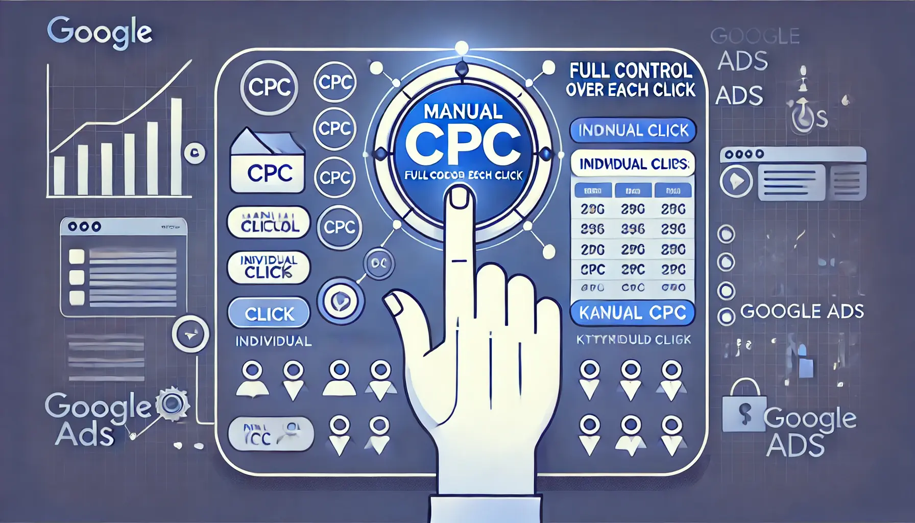 Visual representation of full control over individual ad clicks in digital marketing, with a hand controlling a digital interface and individual click icons connected to a dashboard displaying metrics.