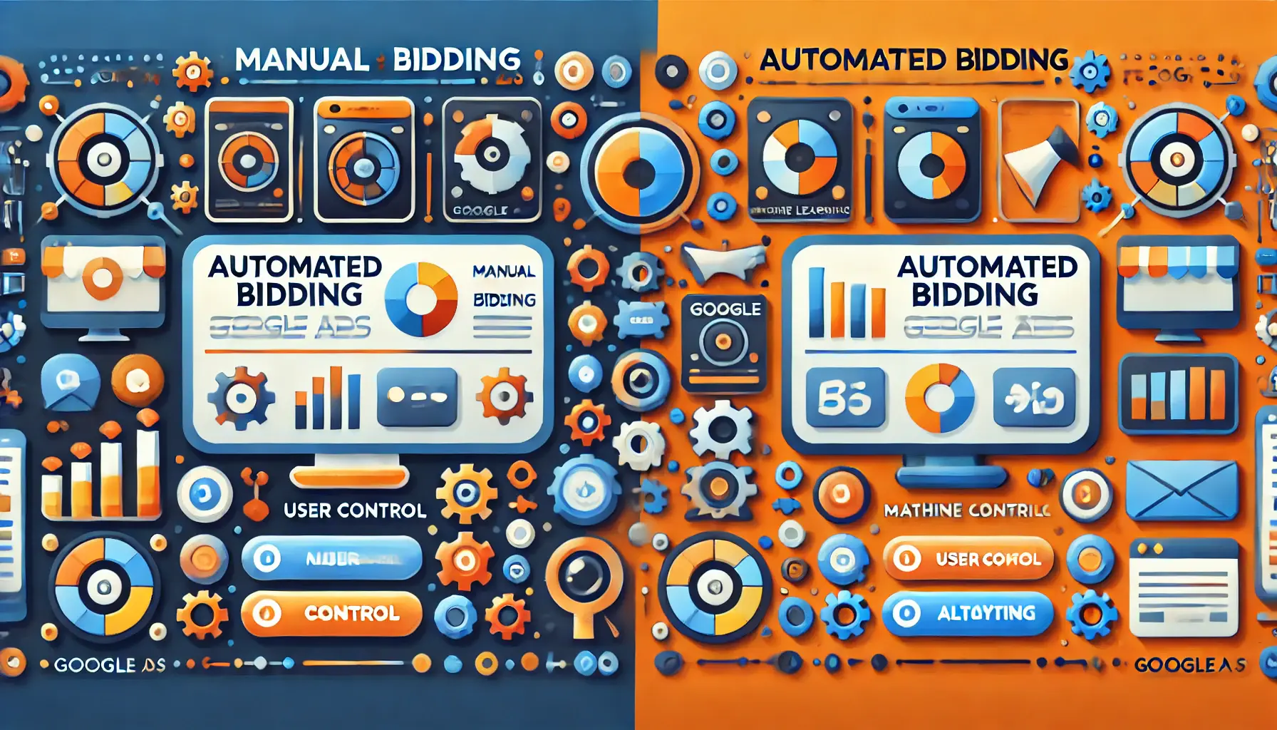 A visual representation comparing manual and automated bidding strategies in Google Ads, showcasing different controls and analytics.