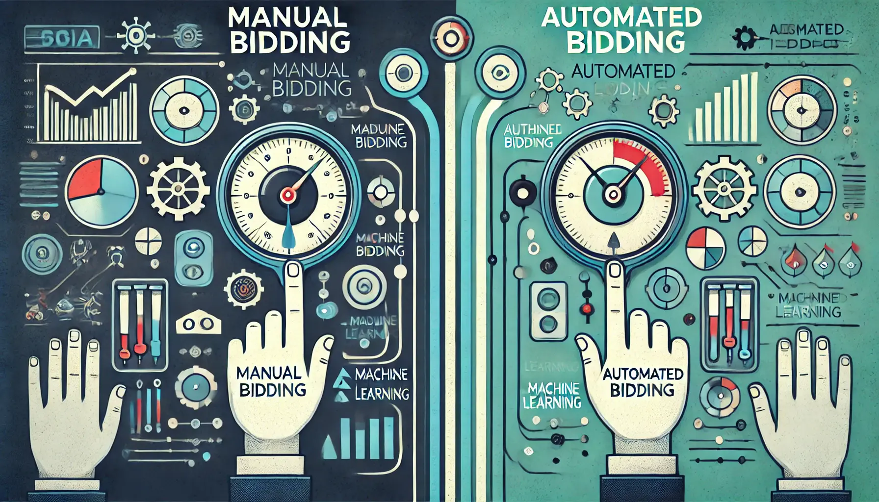 Illustration comparing manual and automated bidding in digital marketing.