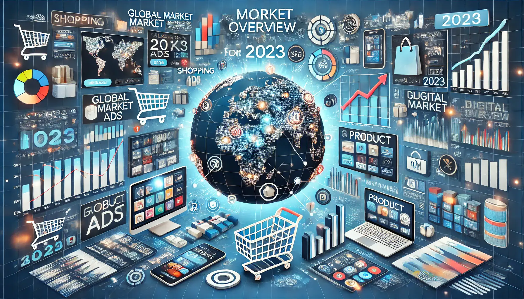 A global representation of the market overview for 2023, featuring a world map, product ads on devices, and upward-trending digital graphs symbolizing e-commerce growth.