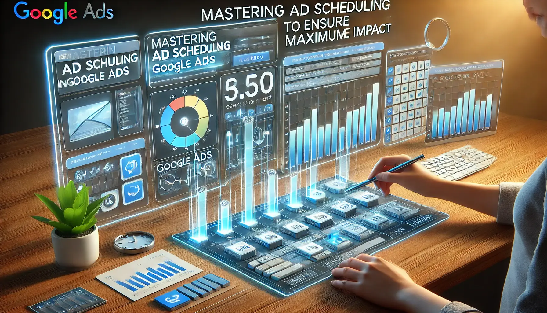 A digital marketing dashboard displaying ad scheduling tools, performance charts, and optimized time slots to ensure maximum impact in ad campaigns.