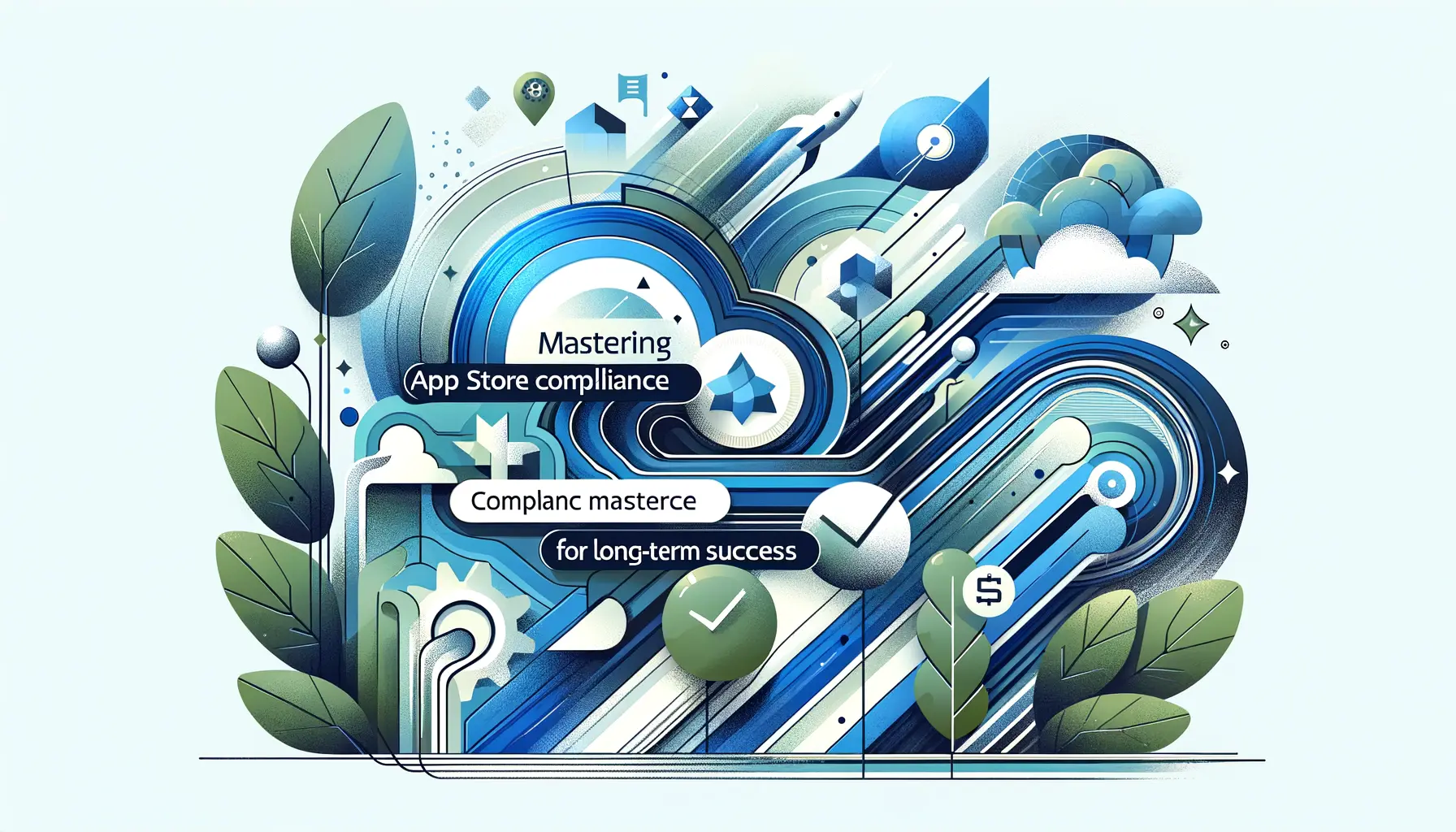 Abstract representation of mastering app store compliance for long-term success, featuring symbols of growth, achievement, and disciplined compliance.