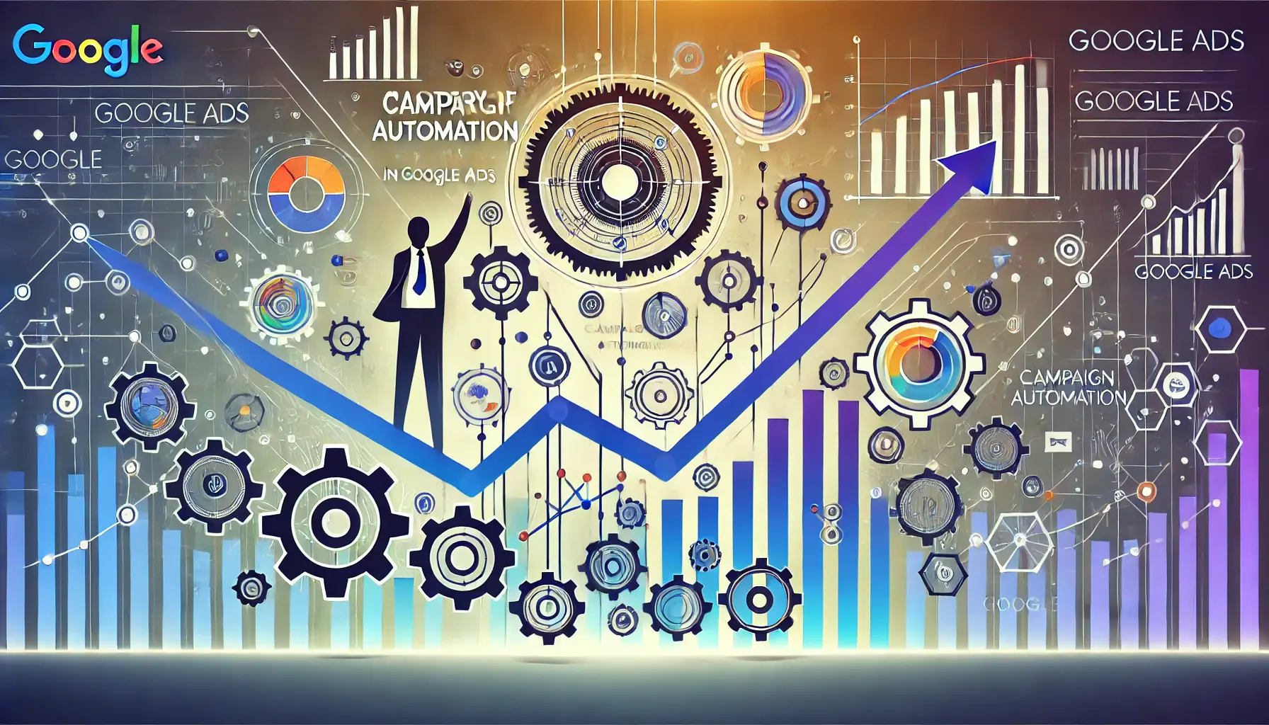 Abstract representation of mastering campaign automation with gears, interconnected nodes, and upward arrows indicating growth