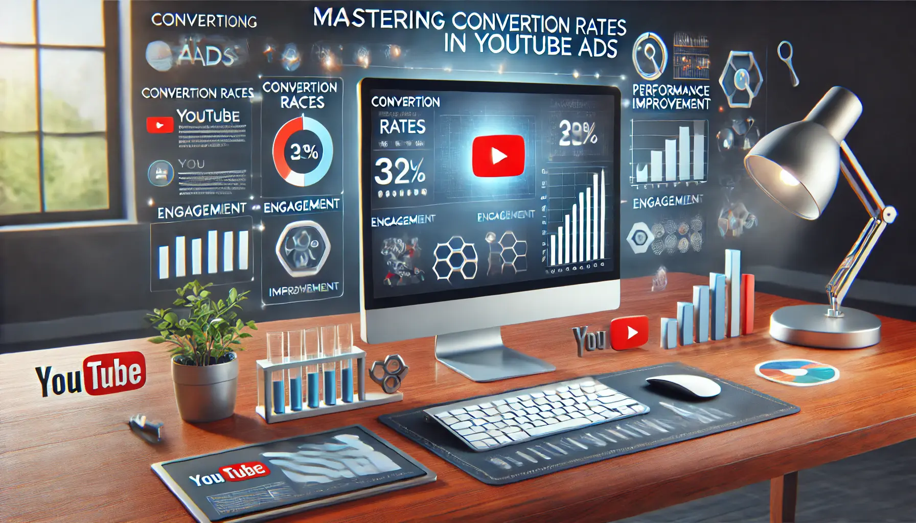 Workspace with a computer displaying an analytics dashboard summarizing conversion rates, engagement, and viewer demographics, surrounded by icons for success and strategy.