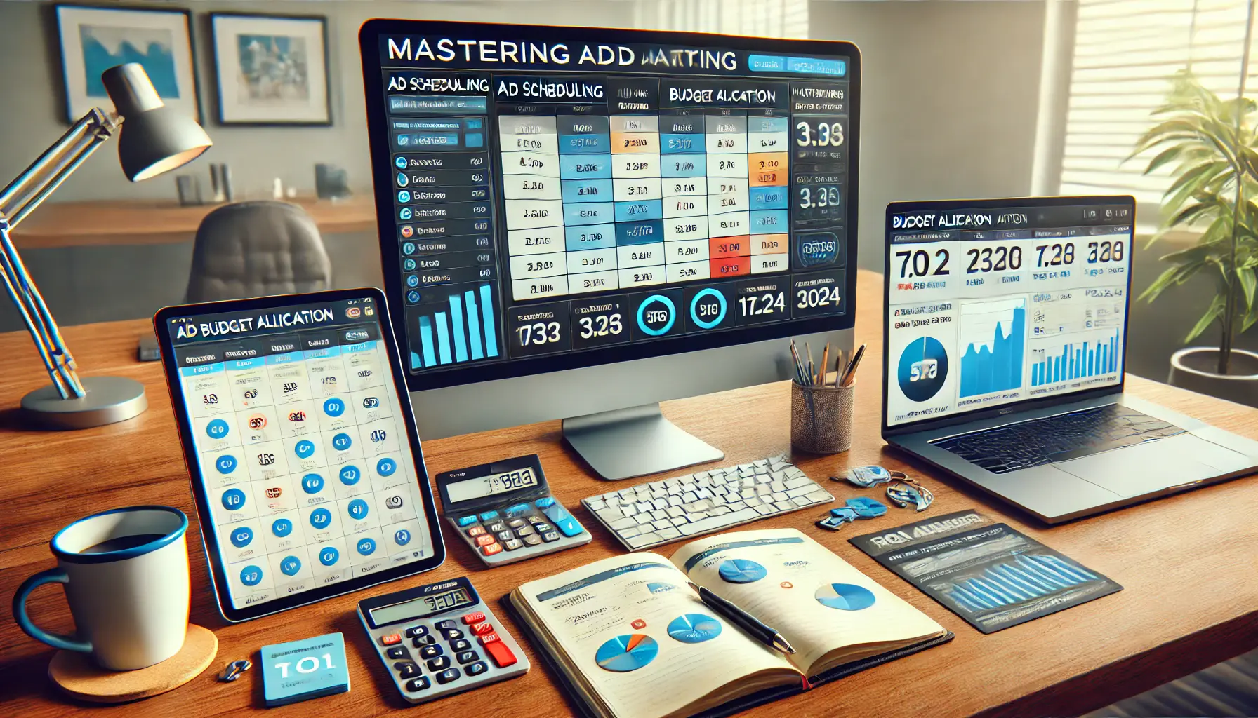 Digital marketing workspace showing ad scheduling tool on a computer screen with a budget allocation dashboard on a tablet, along with a notebook and calculator.