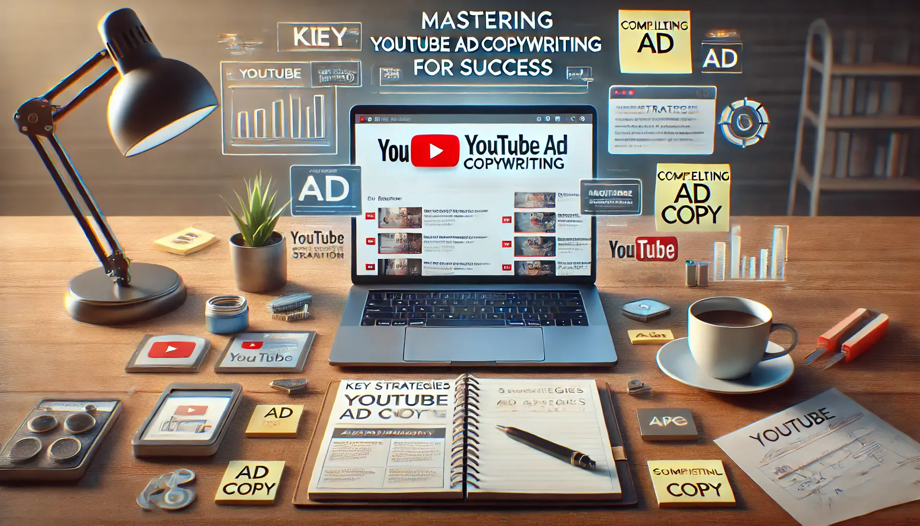 A workspace with a laptop displaying YouTube ad creation dashboard and strategies for successful ad copywriting.