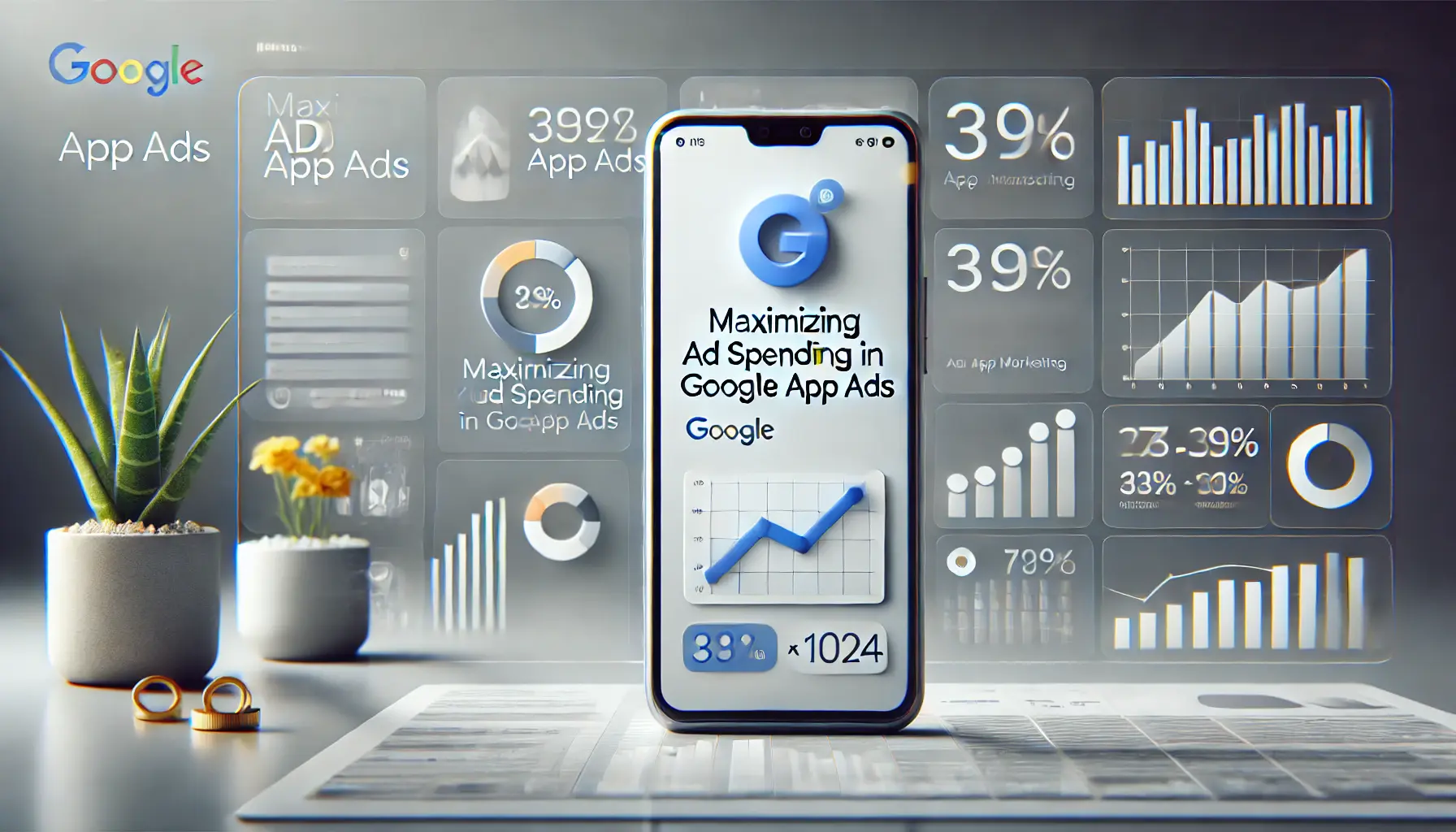 Mobile device displaying app analytics dashboard with digital marketing elements in the background