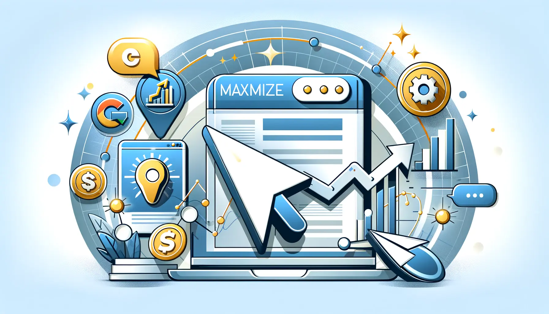 Visual representation of maximizing clicks for traffic generation, showing arrows leading to a website and an upward trend graph symbolizing increased traffic.