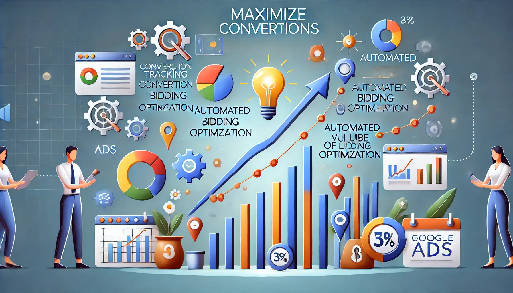 Illustration of Maximize Conversions in Google Ads showing automated bid adjustments and an increase in conversions.