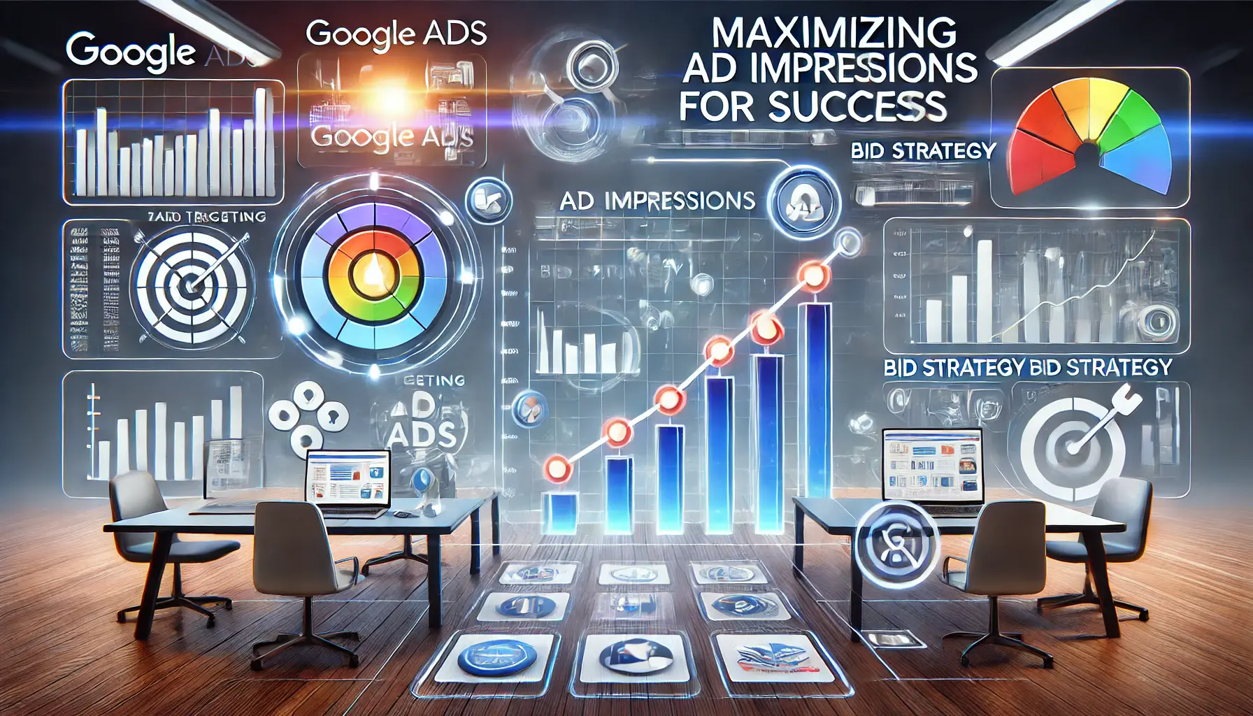 Visualization of strategies for maximizing ad impressions, featuring a Google Ads dashboard with graphs showing increased impressions.