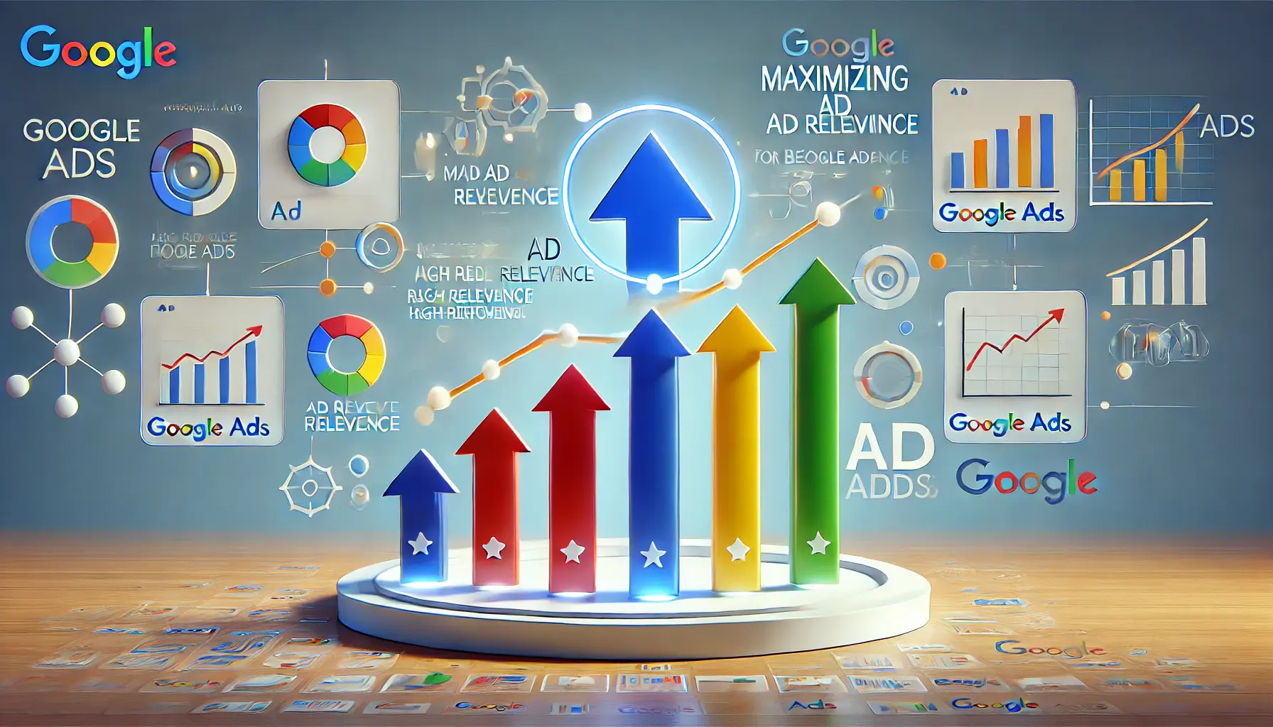 Image illustrating maximizing ad relevance with relevance indicators, performance metrics, and success symbols like upward arrows.