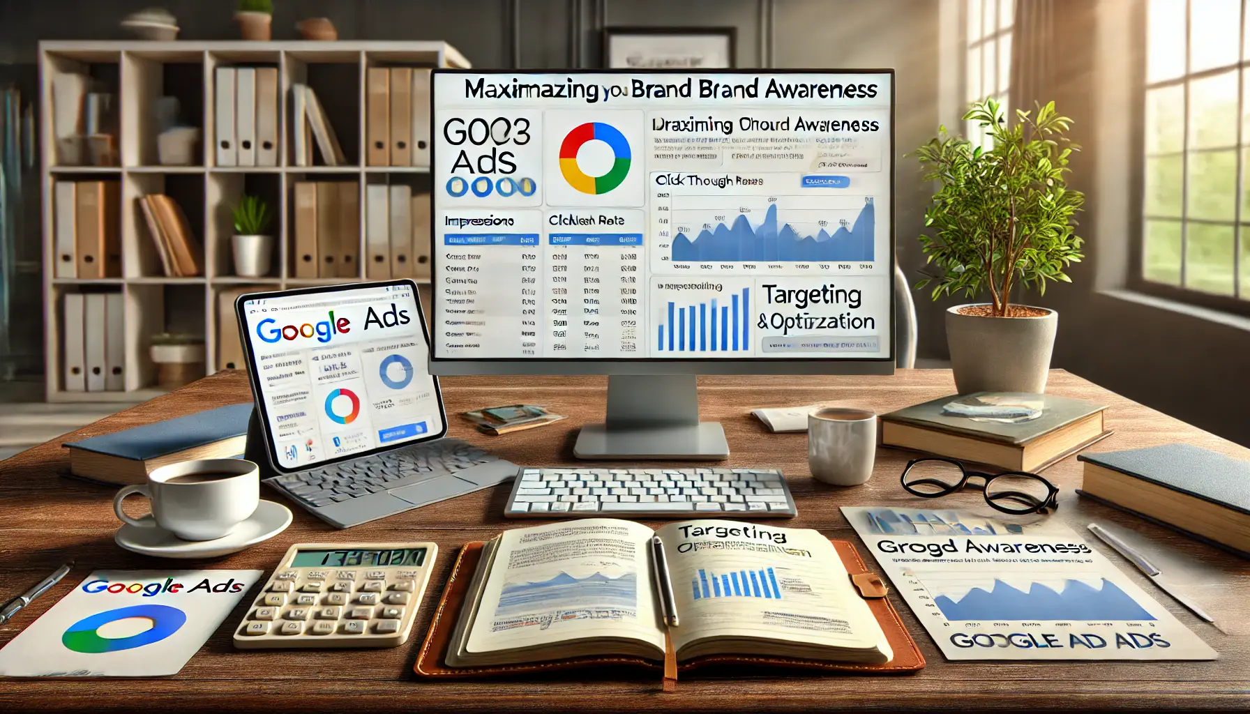 Digital marketing workspace with a computer displaying a Google Ads campaign dashboard, tablet with targeting options, and strategic planning materials.