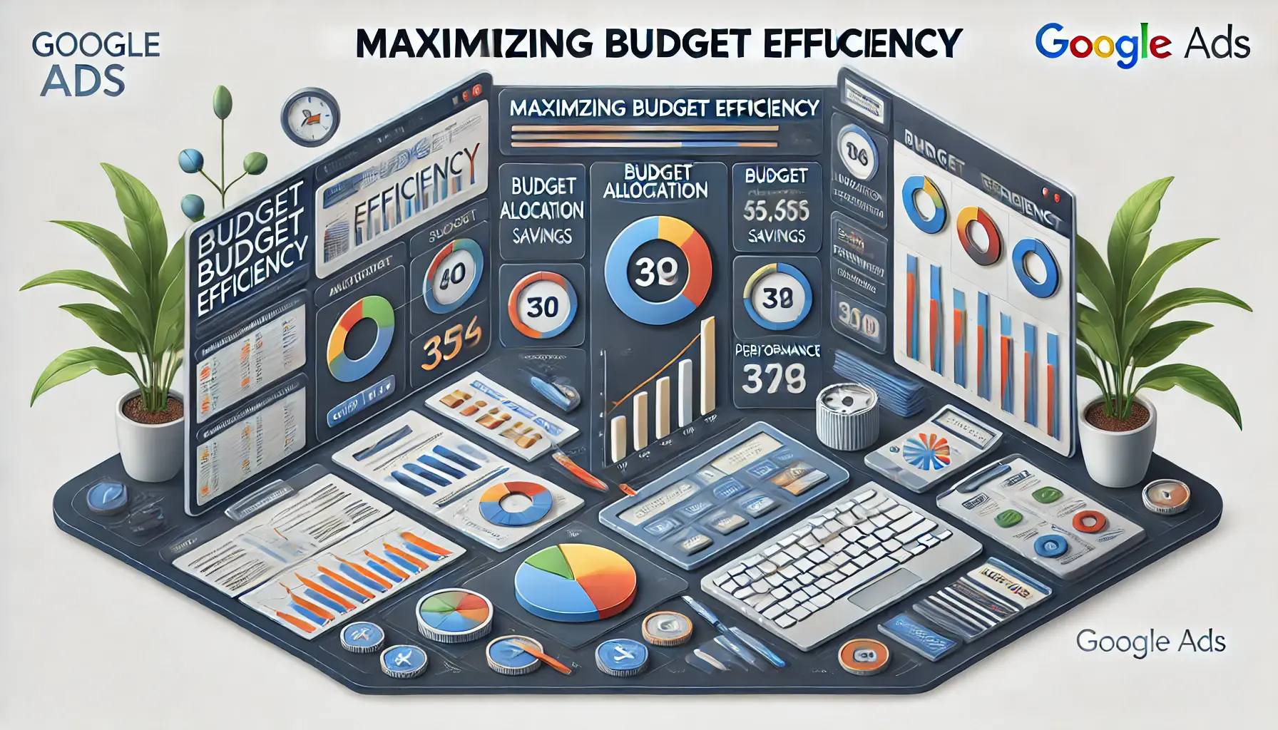 A marketing dashboard displaying budget allocation sliders, cost analysis graphs, and campaign performance charts, representing efficient ad spending.