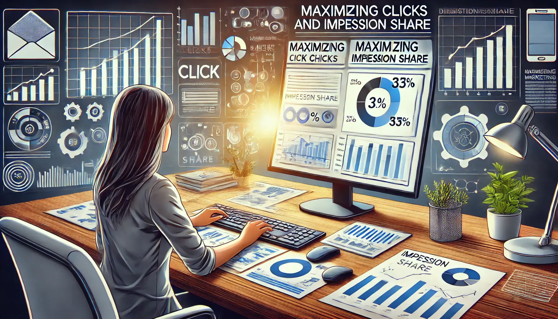 A digital marketing analyst reviewing clicks and impression metrics.