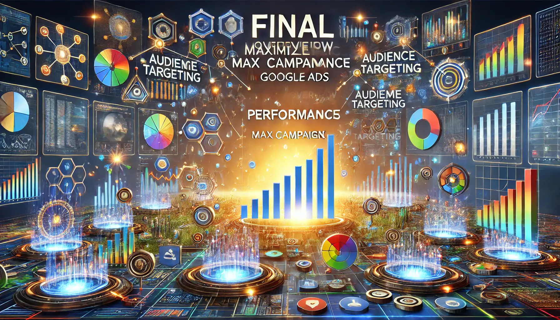 An image featuring optimization charts, data flows, and growth indicators, symbolizing the successful culmination of maximizing Performance Max campaigns.